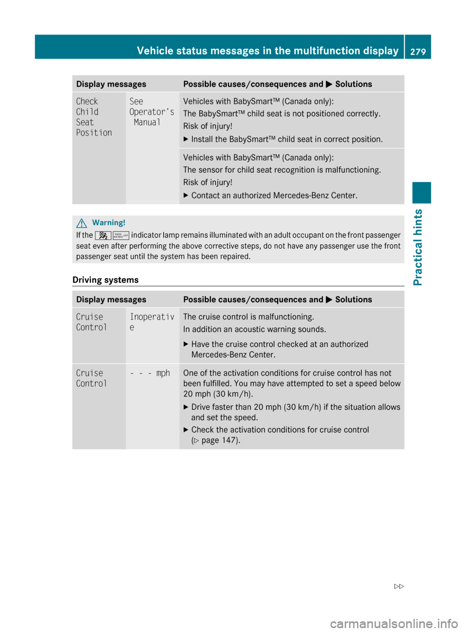 MERCEDES-BENZ E550 2010 W212 Owners Manual Display messagesPossible causes/consequences and M SolutionsCheck
Child
Seat
PositionSee
Operators
ManualVehicles with BabySmart™ (Canada only):
The BabySmart™ child seat is not positioned c MERCEDES-BENZ E550 2010 W212 Owners Manual Display messagesPossible causes/consequences and M SolutionsCheck
Child
Seat
PositionSee
Operators
ManualVehicles with BabySmart™ (Canada only):
The BabySmart™ child seat is not positioned c
