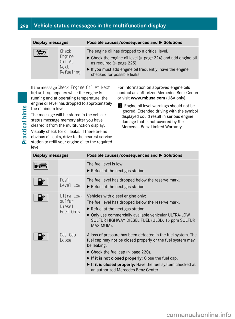MERCEDES-BENZ E550 2010 W212 Owners Manual Display messagesPossible causes/consequences and M Solutions4Check
Engine
Oil At
Next
RefuelingThe engine oil has dropped to a critical level.XCheck the engine oil level ( Y page 224) and add engi MERCEDES-BENZ E550 2010 W212 Owners Manual Display messagesPossible causes/consequences and M Solutions4Check
Engine
Oil At
Next
RefuelingThe engine oil has dropped to a critical level.XCheck the engine oil level ( Y page 224) and add engi