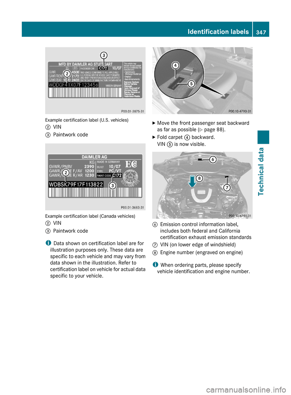 MERCEDES-BENZ E550 2010 W212 Owners Manual Example certification label (U.S. vehicles)
;VIN=Paintwork code 
Example certification label (Canada vehicles)
;VIN=Paintwork code
iData shown on certification label are for
illustration purposes only