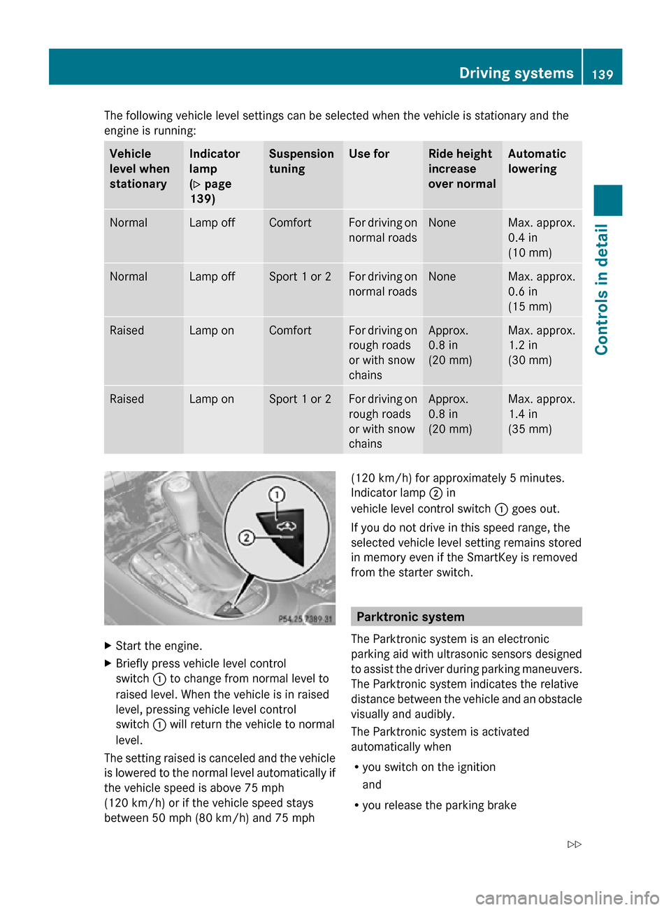 MERCEDES-BENZ CLS550 2010 W219 Owners Manual The following vehicle level settings can be selected when the vehicle is stationary and the
engine is running:
Vehicle
level when
stationary Indicator
lamp
(Y page
139) Suspension
tuning Use for Ride MERCEDES-BENZ CLS550 2010 W219 Owners Manual The following vehicle level settings can be selected when the vehicle is stationary and the
engine is running:
Vehicle
level when
stationary Indicator
lamp
(Y page
139) Suspension
tuning Use for Ride
