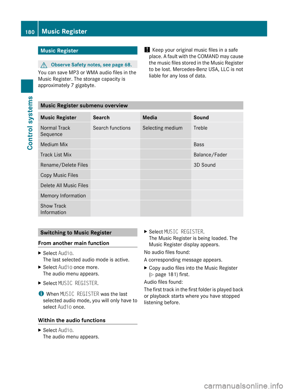 MERCEDES-BENZ CL550 2010 W216 Owners Manual Music Register
G
Observe Safety notes, see page 68.
You can save MP3 or WMA audio files in the
Music Register. The storage capacity is
approximately 7 gigabyte. ! 
Keep your original music files in a 