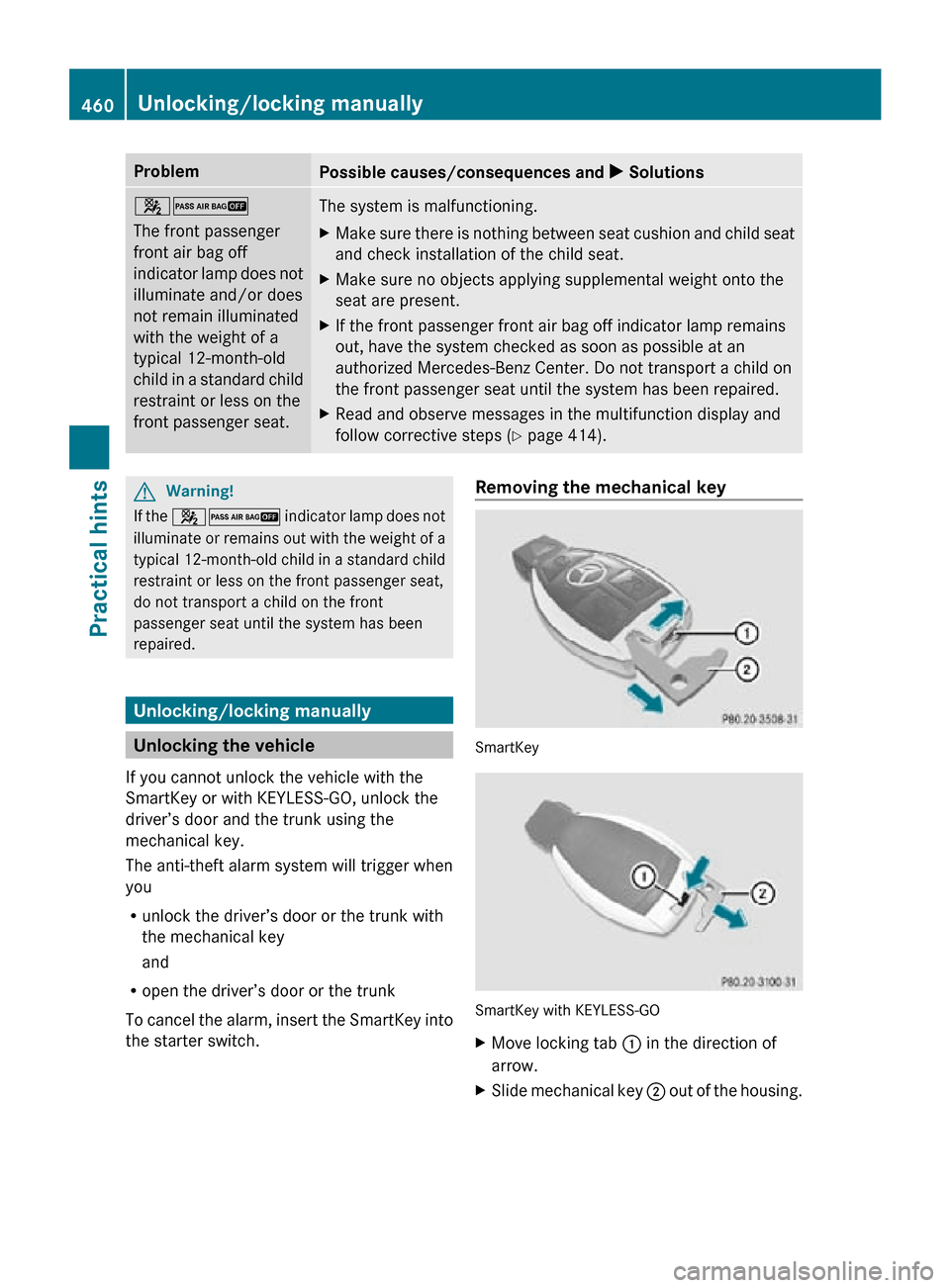 MERCEDES-BENZ CL550 2010 W216 Owners Manual Problem
Possible causes/consequences and
X Solutions42
The front passenger
front air bag off
indicator lamp does not
illuminate and/or does
not remain illuminated
with the weight of a
typical 12-mont MERCEDES-BENZ CL550 2010 W216 Owners Manual Problem
Possible causes/consequences and
X Solutions42
The front passenger
front air bag off
indicator lamp does not
illuminate and/or does
not remain illuminated
with the weight of a
typical 12-mont