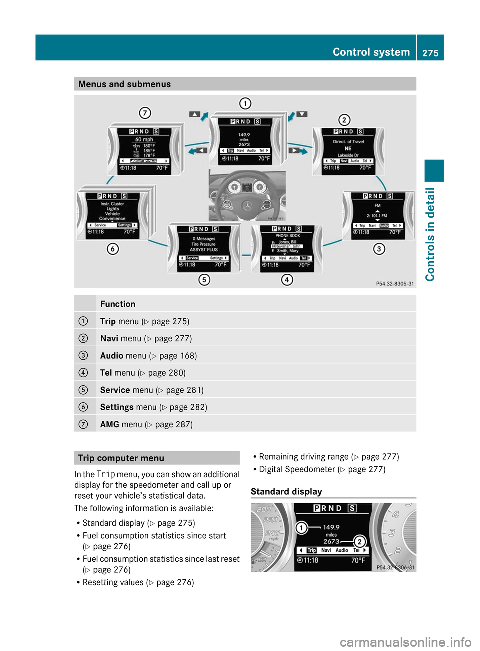 MERCEDES-BENZ SLS 2011 C197 Owners Manual Menus and submenusFunction:Trip menu ( Y page 275);Navi  menu ( Y page 277)=Audio  menu ( Y page 168)?Tel  menu ( Y page 280)AService  menu (Y page 281)BSettings  menu (Y page 282)CAMG  menu ( Y page 
