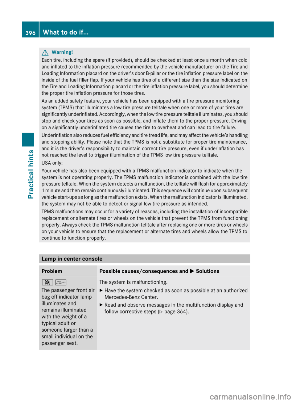 MERCEDES-BENZ SLS 2011 C197 Owners Manual GWarning!
Each tire, including the spare (if provided), should be checked at least once a month when cold
and inflated to the inflation pressure recommended by the vehicle manufacturer on the Tire and MERCEDES-BENZ SLS 2011 C197 Owners Manual GWarning!
Each tire, including the spare (if provided), should be checked at least once a month when cold
and inflated to the inflation pressure recommended by the vehicle manufacturer on the Tire and