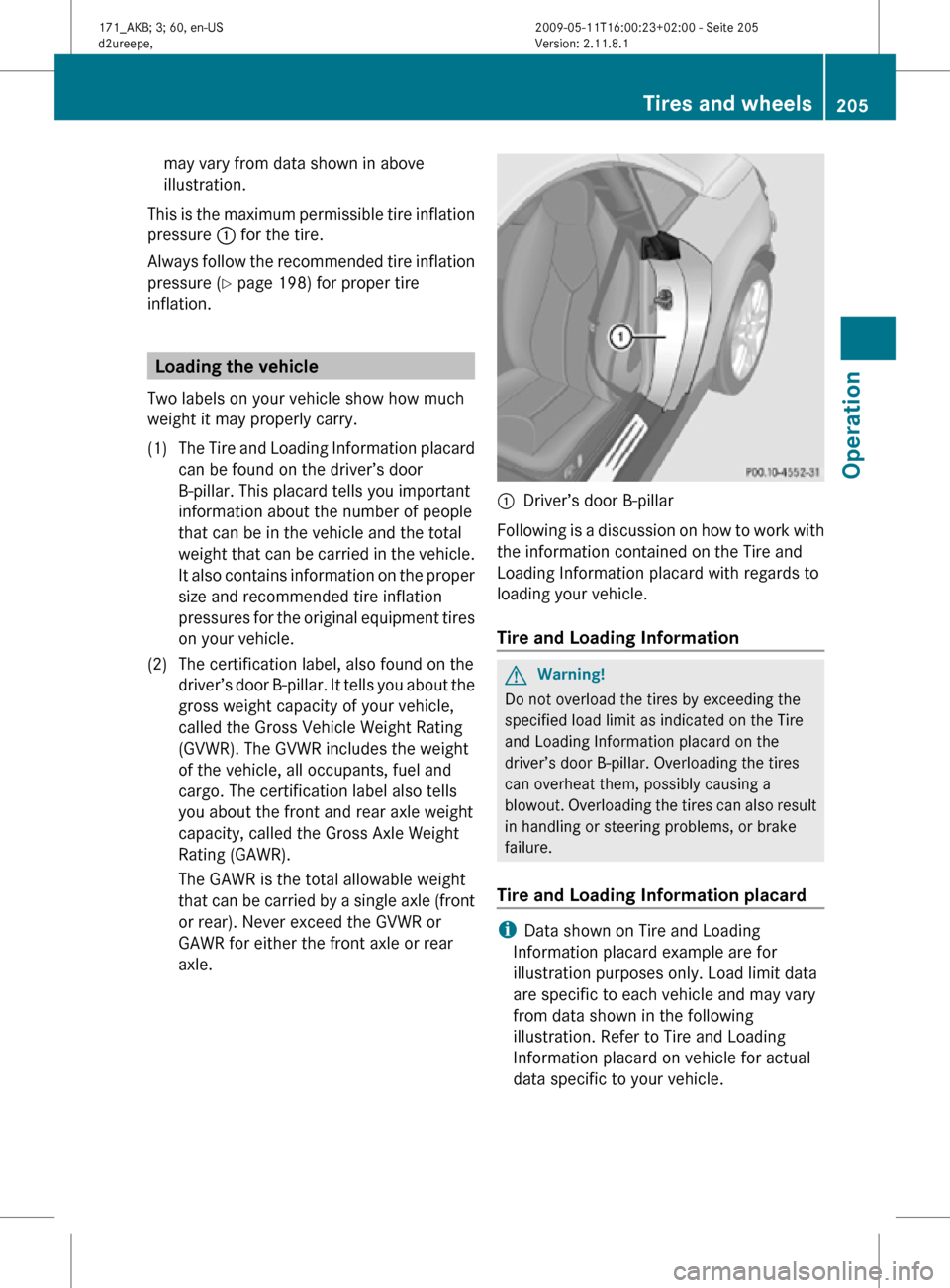 MERCEDES-BENZ SLK300 2011 R170 Owners Manual may vary from data shown in above
illustration.
This is the maximum permissible tire inflation
pressure : for the tire.
Always follow the recommended tire inflation
pressure ( Y page 198) for proper MERCEDES-BENZ SLK300 2011 R170 Owners Manual may vary from data shown in above
illustration.
This is the maximum permissible tire inflation
pressure : for the tire.
Always follow the recommended tire inflation
pressure ( Y page 198) for proper