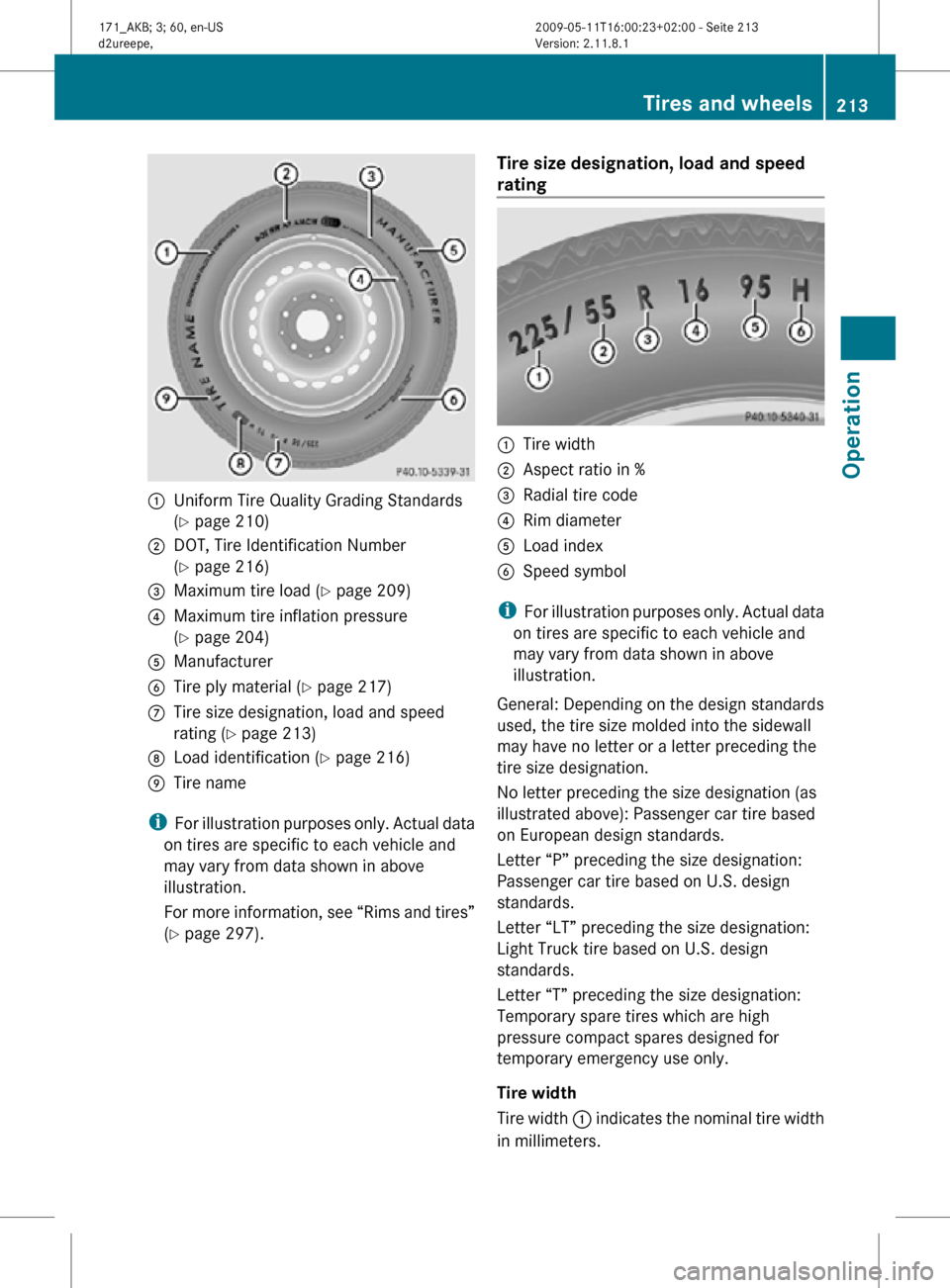 MERCEDES-BENZ SLK300 2011 R170 Owners Manual :
Uniform Tire Quality Grading Standards
(Y page 210)
; DOT, Tire Identification Number
(Y page 216)
= Maximum tire load ( Y page 209)
? Maximum tire inflation pressure
(Y page 204)
A Manufacturer
B T MERCEDES-BENZ SLK300 2011 R170 Owners Manual :
Uniform Tire Quality Grading Standards
(Y page 210)
; DOT, Tire Identification Number
(Y page 216)
= Maximum tire load ( Y page 209)
? Maximum tire inflation pressure
(Y page 204)
A Manufacturer
B T