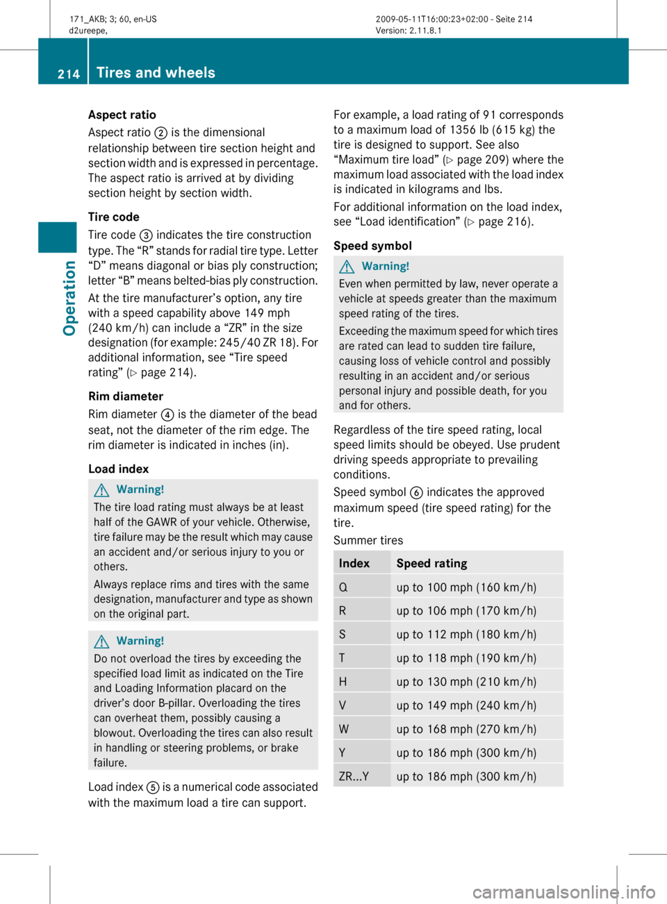 MERCEDES-BENZ SLK300 2011 R170 Owners Manual Aspect ratio
Aspect ratio
; is the dimensional
relationship between tire section height and
section
width and is expressed in percentage.
The aspect ratio is arrived at by dividing
section height by MERCEDES-BENZ SLK300 2011 R170 Owners Manual Aspect ratio
Aspect ratio
; is the dimensional
relationship between tire section height and
section
width and is expressed in percentage.
The aspect ratio is arrived at by dividing
section height by