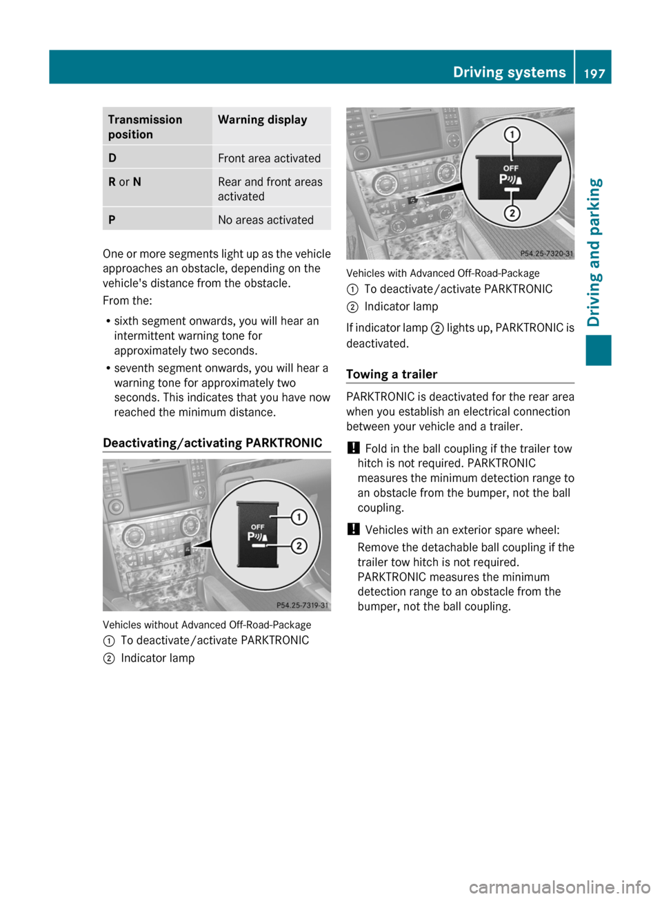 MERCEDES-BENZ GL350 BlueTEC 2011 X164 Owners Manual Transmission
positionWarning displayDFront area activatedR or NRear and front areas
activatedPNo areas activated
One or more segments light up as the vehicle
approaches an obstacle, depending on the MERCEDES-BENZ GL350 BlueTEC 2011 X164 Owners Manual Transmission
positionWarning displayDFront area activatedR or NRear and front areas
activatedPNo areas activated
One or more segments light up as the vehicle
approaches an obstacle, depending on the