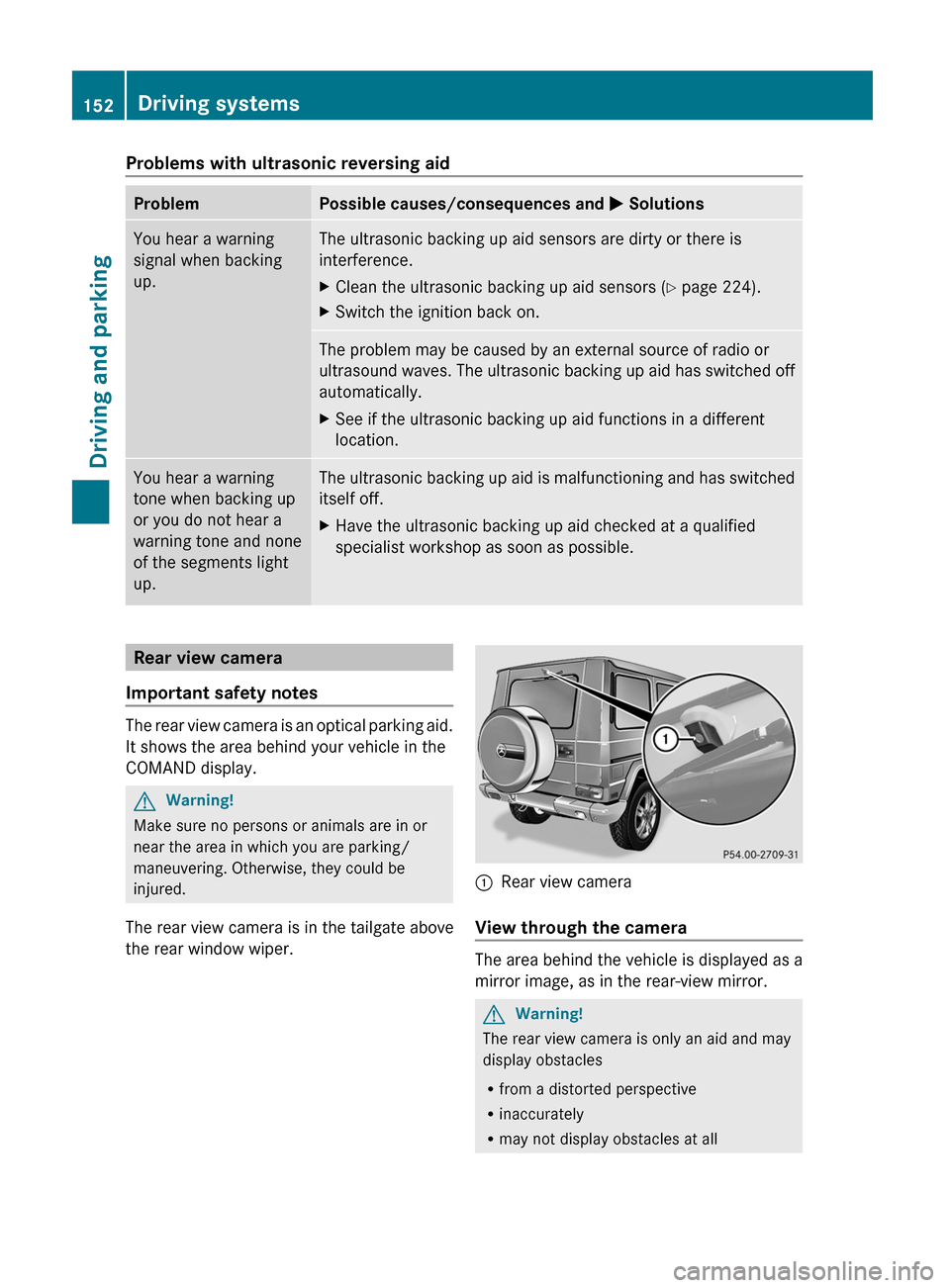 MERCEDES-BENZ G55AMG 2011 W463 Owners Manual Problems with ultrasonic reversing aidProblemPossible causes/consequences and M SolutionsYou hear a warning
signal when backing
up.The ultrasonic backing up aid sensors are dirty or there is
interfere MERCEDES-BENZ G55AMG 2011 W463 Owners Manual Problems with ultrasonic reversing aidProblemPossible causes/consequences and M SolutionsYou hear a warning
signal when backing
up.The ultrasonic backing up aid sensors are dirty or there is
interfere