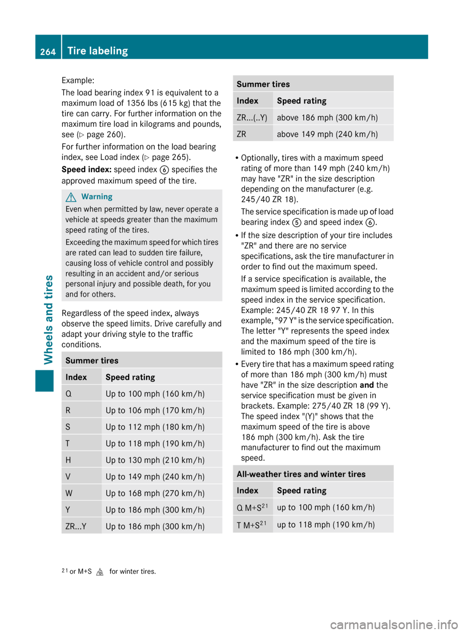 MERCEDES-BENZ G55AMG 2011 W463 Owners Manual Example:
The load bearing index 91 is equivalent to a
maximum load of 1356 lbs (615 kg) that the
tire can carry. For further information on the
maximum tire load in kilograms and pounds,
see ( Y page 
