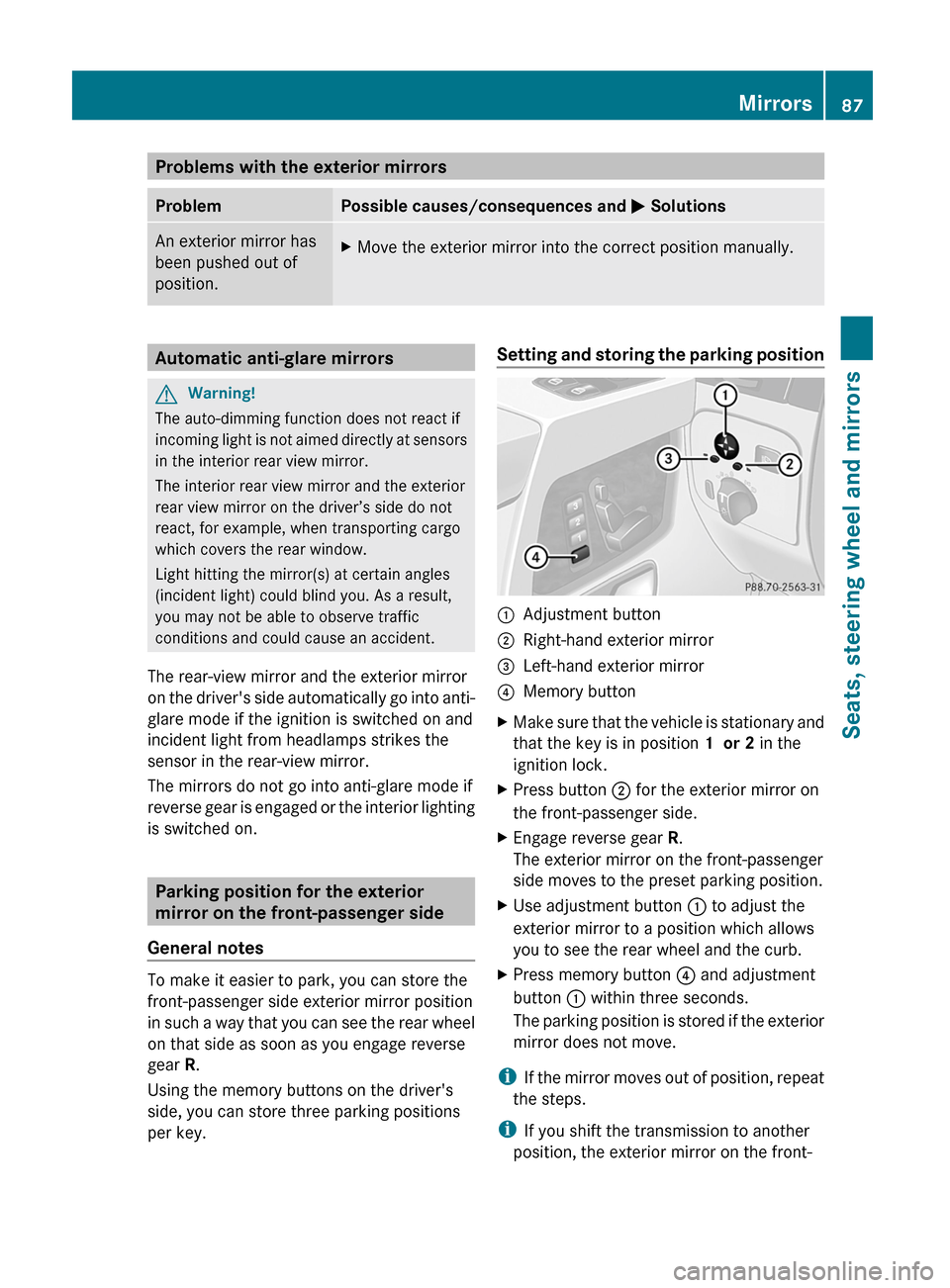MERCEDES-BENZ G550 2011 W463 Owners Manual Problems with the exterior mirrorsProblemPossible causes/consequences and M SolutionsAn exterior mirror has
been pushed out of
position.XMove the exterior mirror into the correct position manually.Aut