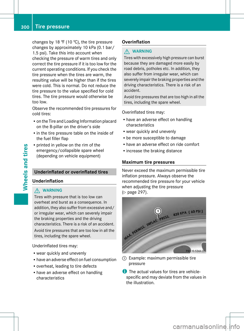 MERCEDES-BENZ SLK350 2012 R172 Owners Manual changes by 18 ‡ (10 †), the tire pressure
changes by approximately 10 kPa (0.1 bar/
1.5 psi). Take this into account when
checking the pressure of warm tires and only
correct the tire pressure if MERCEDES-BENZ SLK350 2012 R172 Owners Manual changes by 18 ‡ (10 †), the tire pressure
changes by approximately 10 kPa (0.1 bar/
1.5 psi). Take this into account when
checking the pressure of warm tires and only
correct the tire pressure if