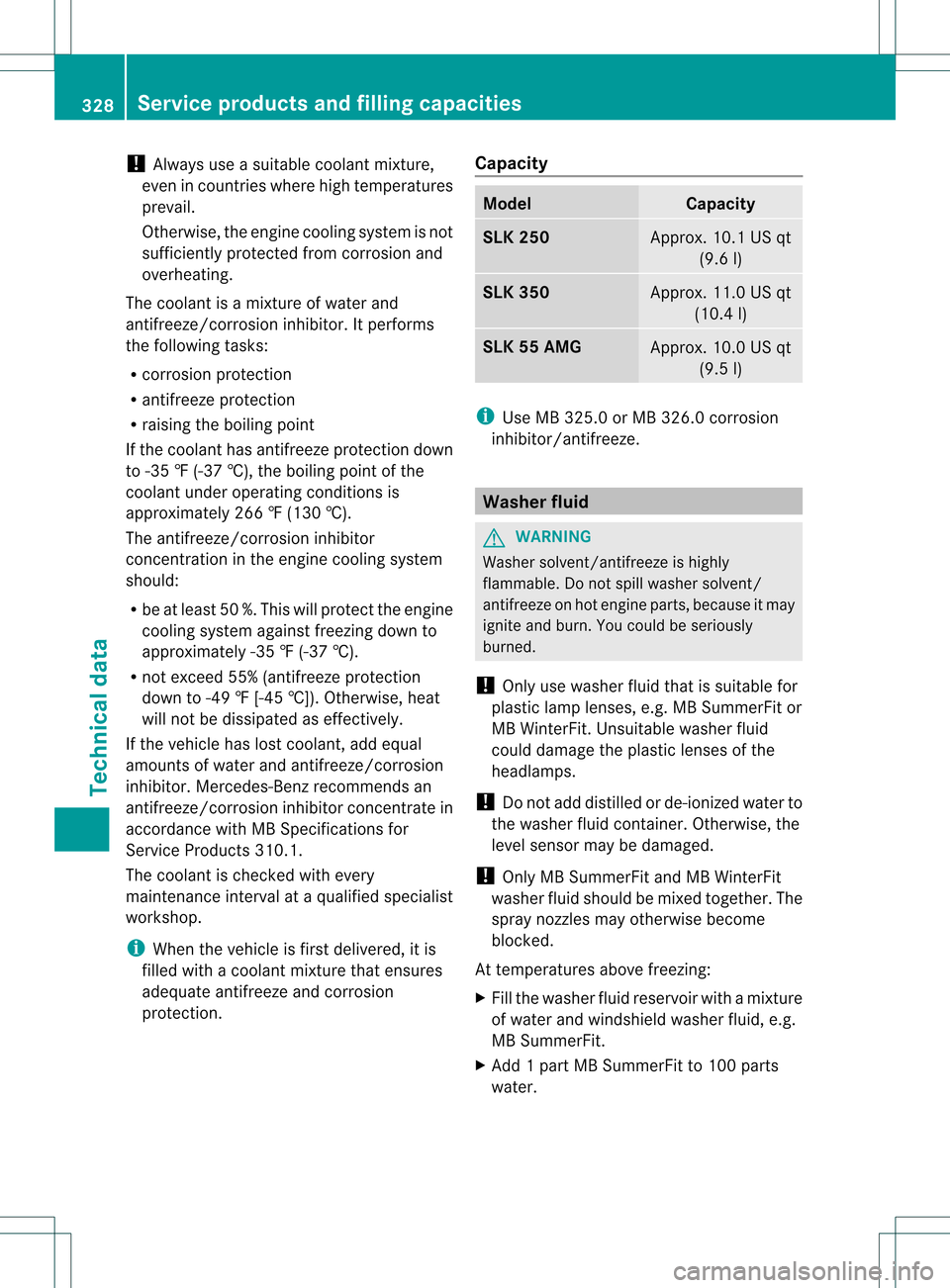 MERCEDES-BENZ SLK350 2012 R172 Owners Manual !
Always use a suitable coolant mixture,
even in countries where high temperatures
prevail.
Otherwise, the engine cooling system is not
sufficiently protected from corrosion and
overheating.
The coola MERCEDES-BENZ SLK350 2012 R172 Owners Manual !
Always use a suitable coolant mixture,
even in countries where high temperatures
prevail.
Otherwise, the engine cooling system is not
sufficiently protected from corrosion and
overheating.
The coola
