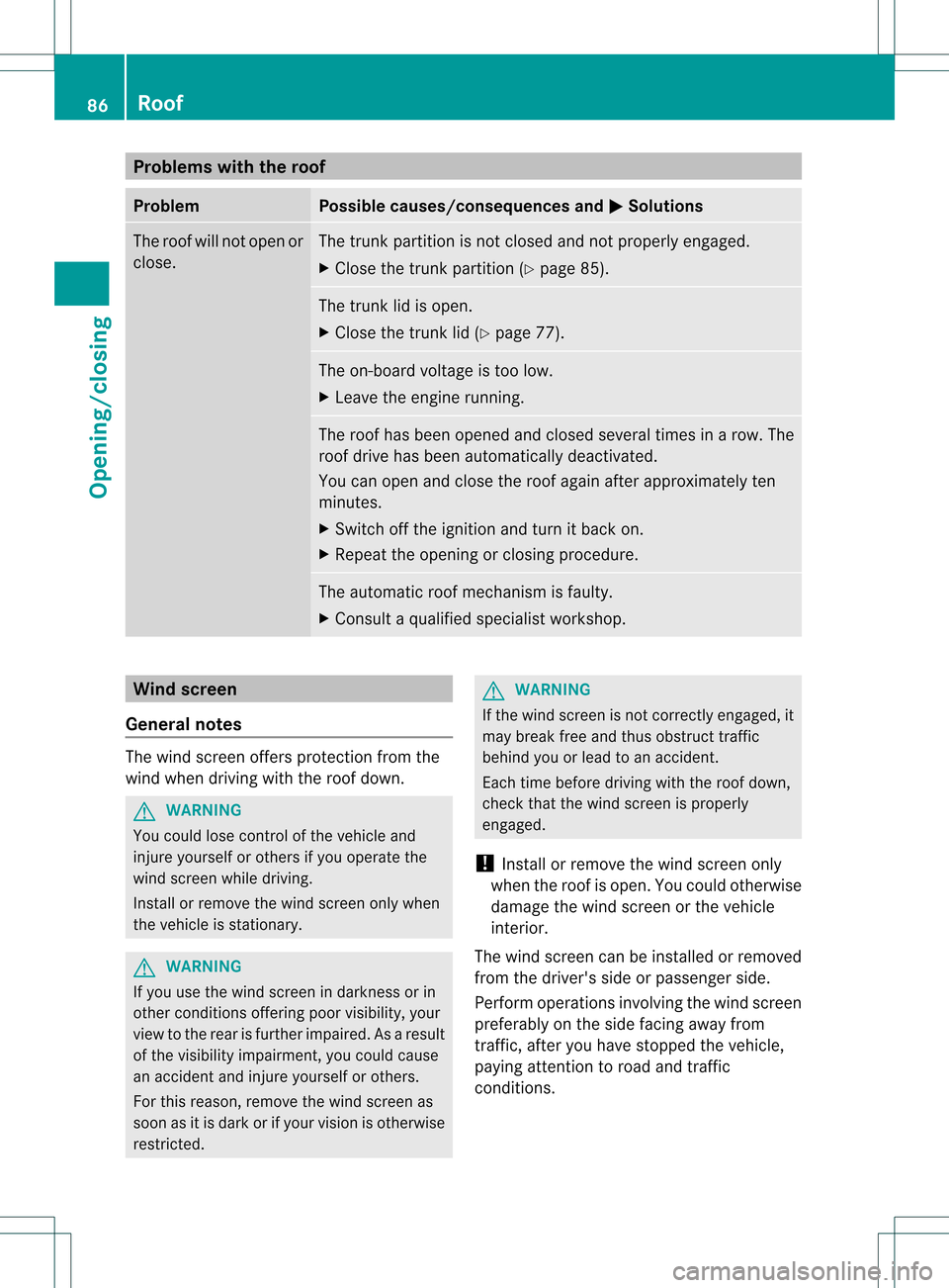 MERCEDES-BENZ SLK350 2012 R172 Owners Manual Problems with the roof
Problem Possible causes/consequences and
0001 Solutions
The roof will not open or
close. The trunk partition is not closed and not properly engaged.
X
Close the trunk partition MERCEDES-BENZ SLK350 2012 R172 Owners Manual Problems with the roof
Problem Possible causes/consequences and
0001 Solutions
The roof will not open or
close. The trunk partition is not closed and not properly engaged.
X
Close the trunk partition