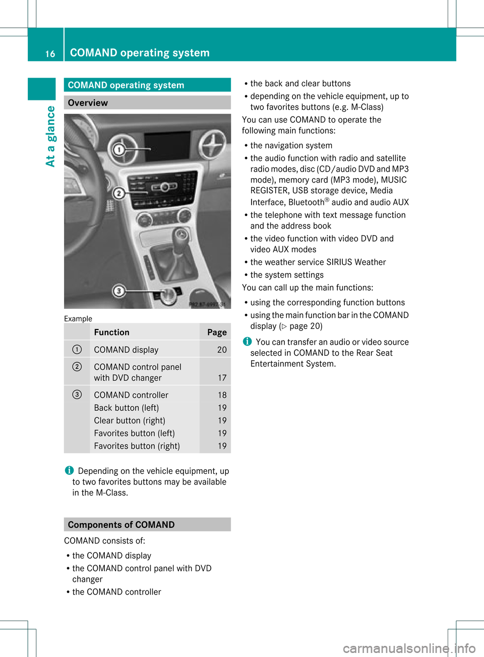 MERCEDES-BENZ CLS-Class 2012 W218 Comand Manual COMAN
Doper ating syst em Over
view Ex
ample Funct
ion Pag
e :
COMA
NDdispl ay 20
;
COMA
NDcontrol pane l
wit hDV Dch ang er 17
=
COMA
NDcontroll er 18
Bac
kbut ton(lef t) 19
Clear
button( right) 19
F