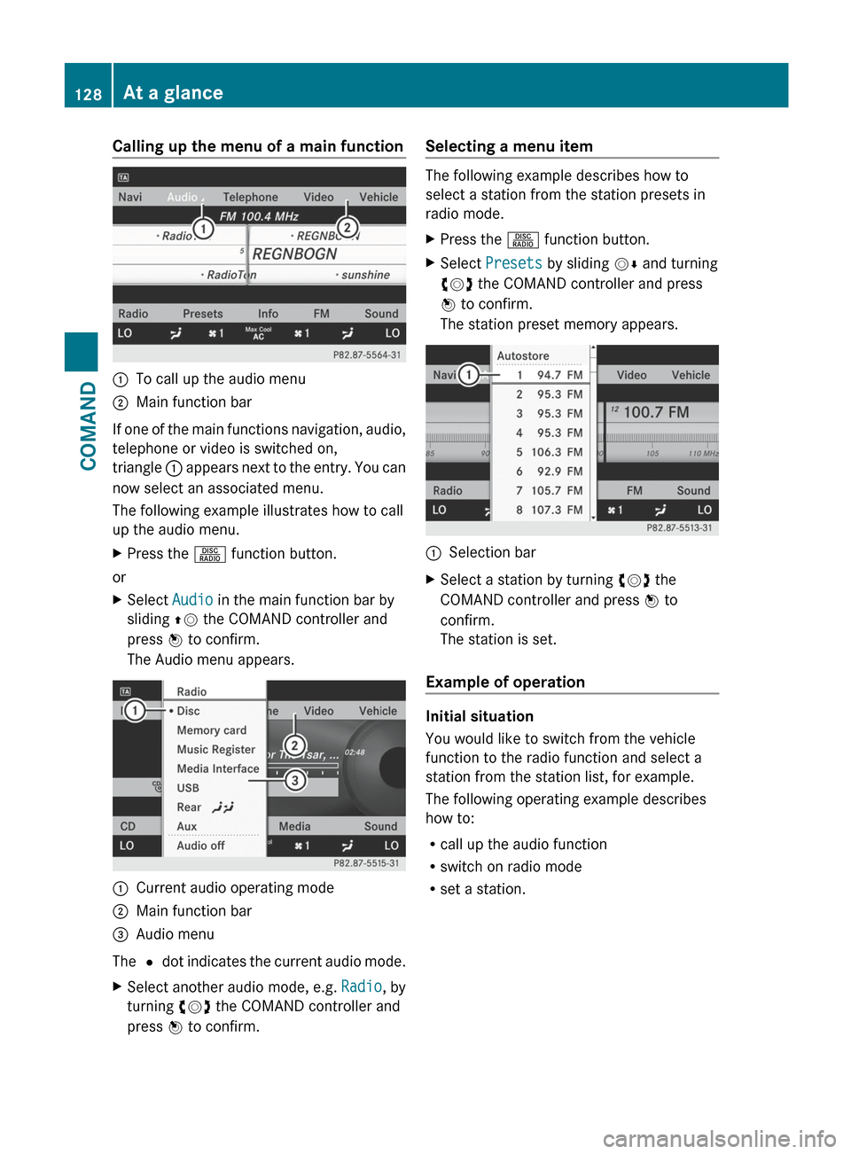 MERCEDES-BENZ S-Class 2012 W221 Owners Manual Calling up the menu of a main function:To call up the audio menu;Main function bar
If one of the main functions navigation, audio,
telephone or video is switched on,
triangle : appears next to the en MERCEDES-BENZ S-Class 2012 W221 Owners Manual Calling up the menu of a main function:To call up the audio menu;Main function bar
If one of the main functions navigation, audio,
telephone or video is switched on,
triangle : appears next to the en