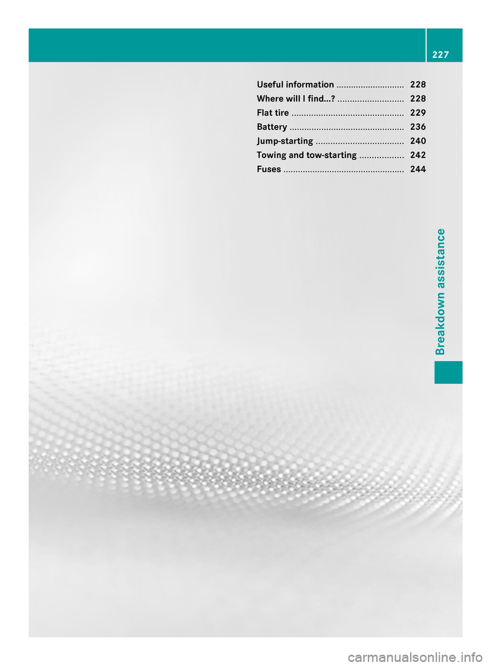 MERCEDES-BENZ SLS AMG COUPE GT 2013 C197 Owners Manual Useful information
............................228
Where will I find...? ...........................228
Flat tire .............................................. 229
Battery ...........................