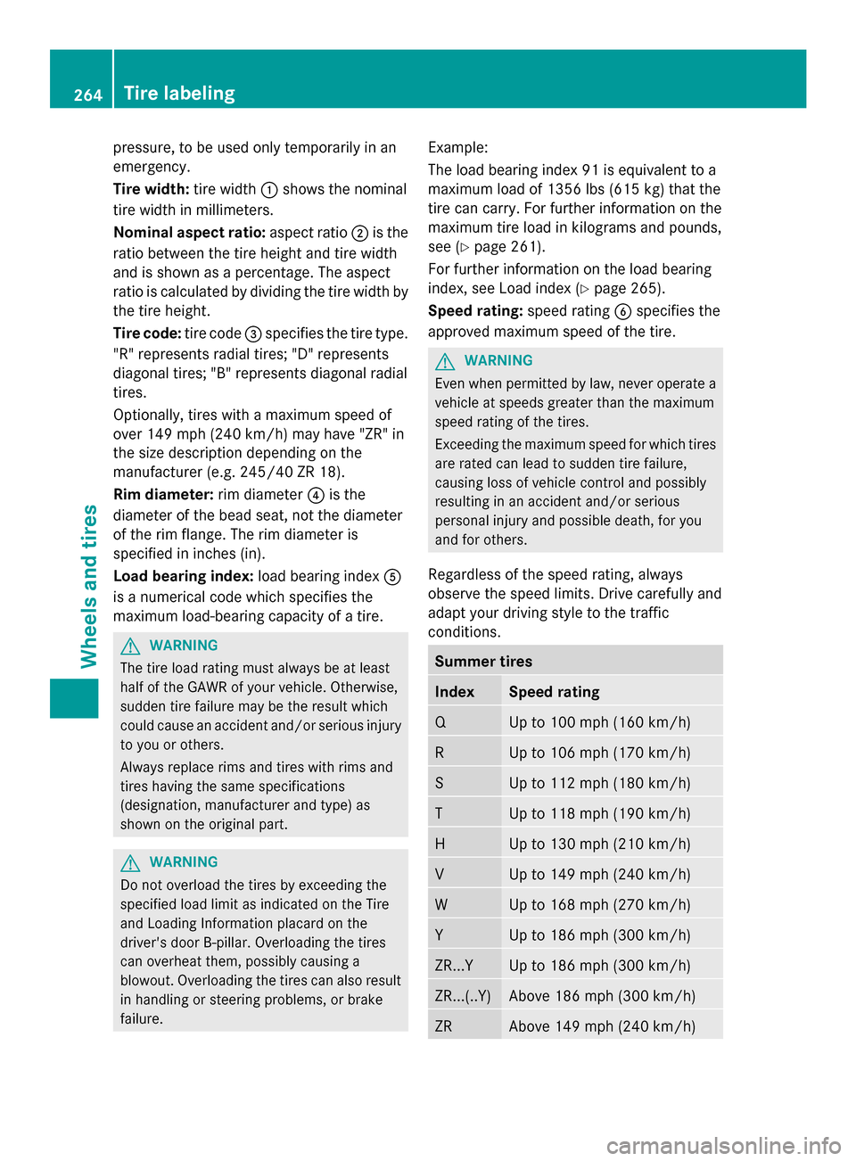 MERCEDES-BENZ SLS AMG COUPE GT 2013 C197 Owners Manual pressure, to be used only temporarily in an
emergency.
Tire width: tire width0043shows the nominal
tire width in millimeters.
Nominal aspect ratio: aspect ratio0044is the
ratio between the tire height