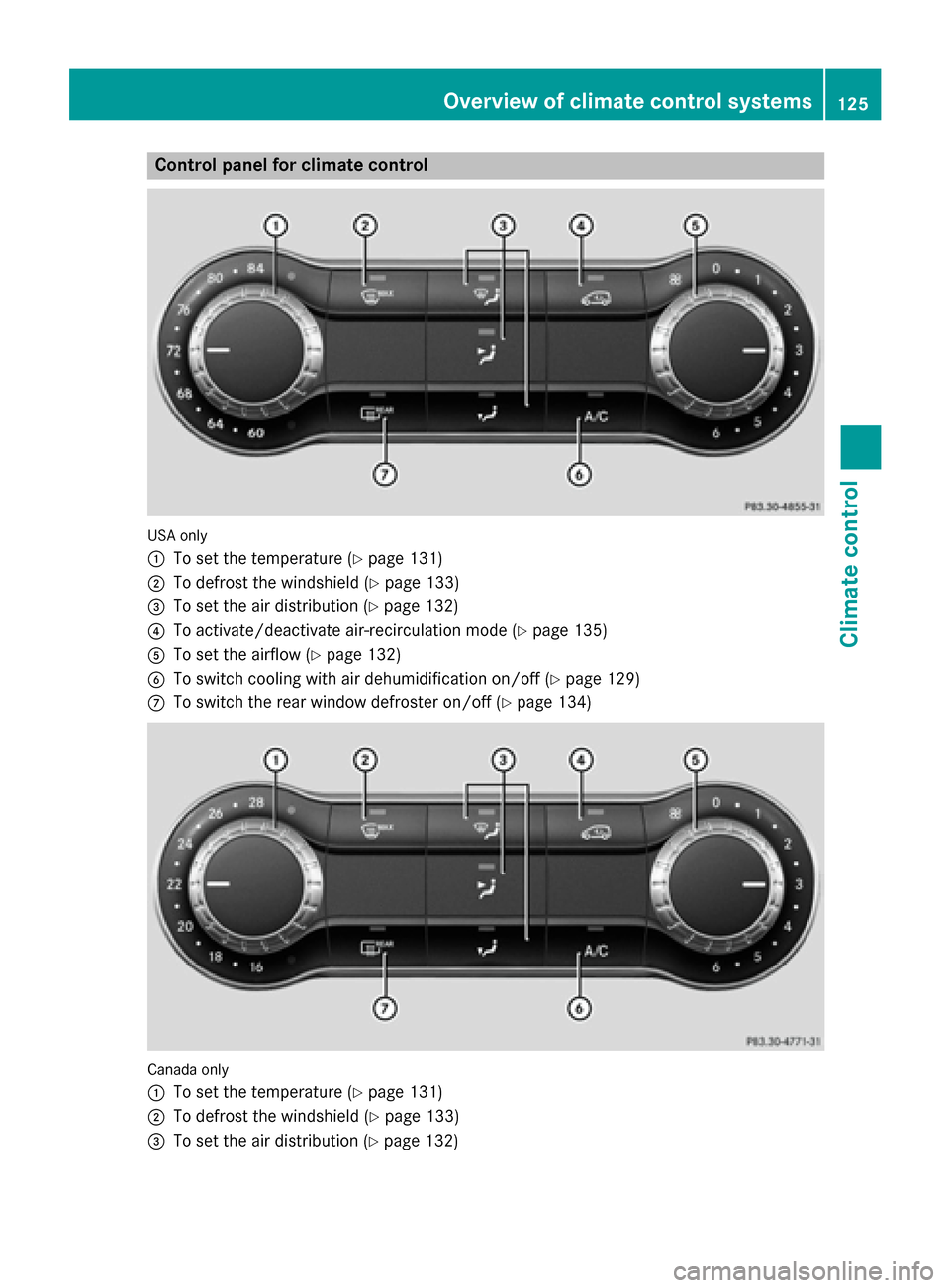MERCEDES-BENZ CLA-Class 2014 C117 Owners Manual Control panel for climate control
USA only
0043
To set the temperature (Y page 131)
0044 To defrost the windshield (Y page 133)
0087 To set the air distribution (Y page 132)
0085 To activate/deactivat