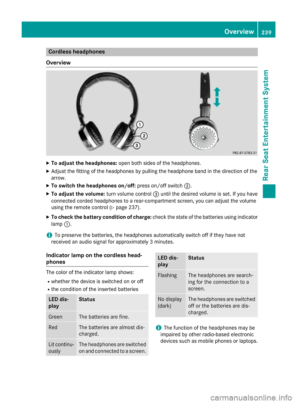 MERCEDES-BENZ C-Class 2014 W204 Comand Manual Cordless headphones
Overview X
To adjust the headphones: open both sides of the headphones.
X Adjust the fitting of the headphones by pulling the headphone band in the direction of the
arrow.
X To swi