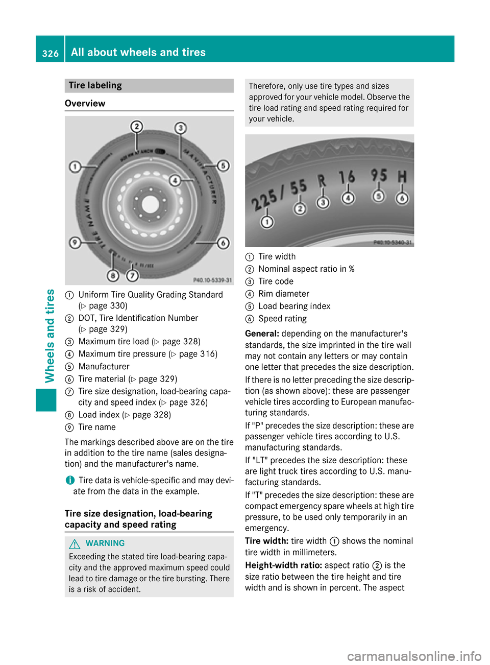 MERCEDES-BENZ SLK-Class 2015 R172 Owners Manual Tire labeling
Overview 0043
Uniform Tire Quality Grading Standard
(Ypage 330)
0044 DOT, Tire Identification Number
(Ypage 329)
0087 Maximum tire load (Y page 328)
0085 Maximum tire pressure (Y page 31
