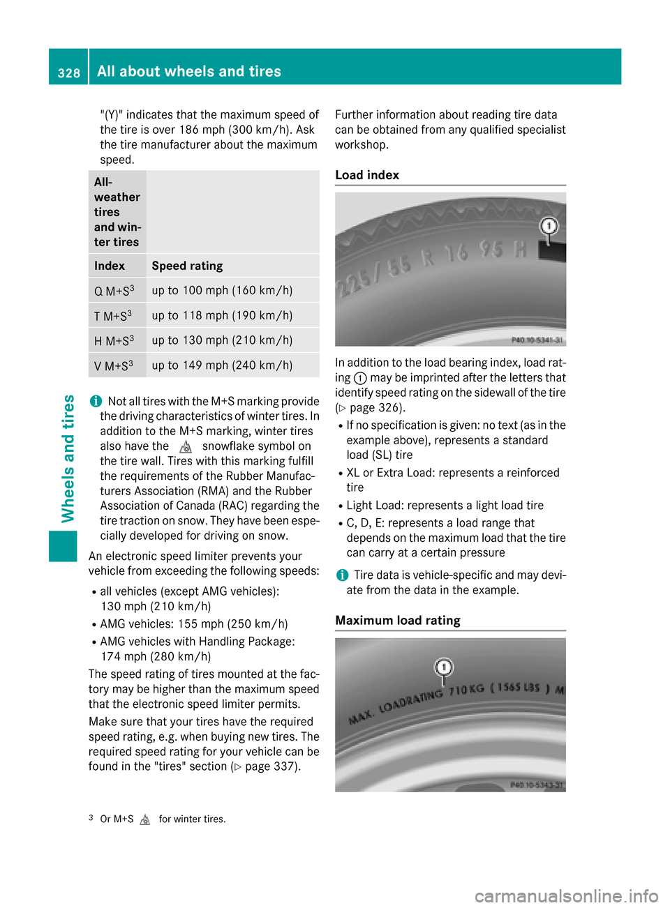 MERCEDES-BENZ SLK-Class 2015 R172 Owners Manual "(Y)" indicates that the maximum speed of
the tire is over 186 mph (300 km/h). Ask
the tire manufacturer about the maximum
speed. All-
weather
tires
and win-
ter tires Index Speed rating
Q M+S
3 up to