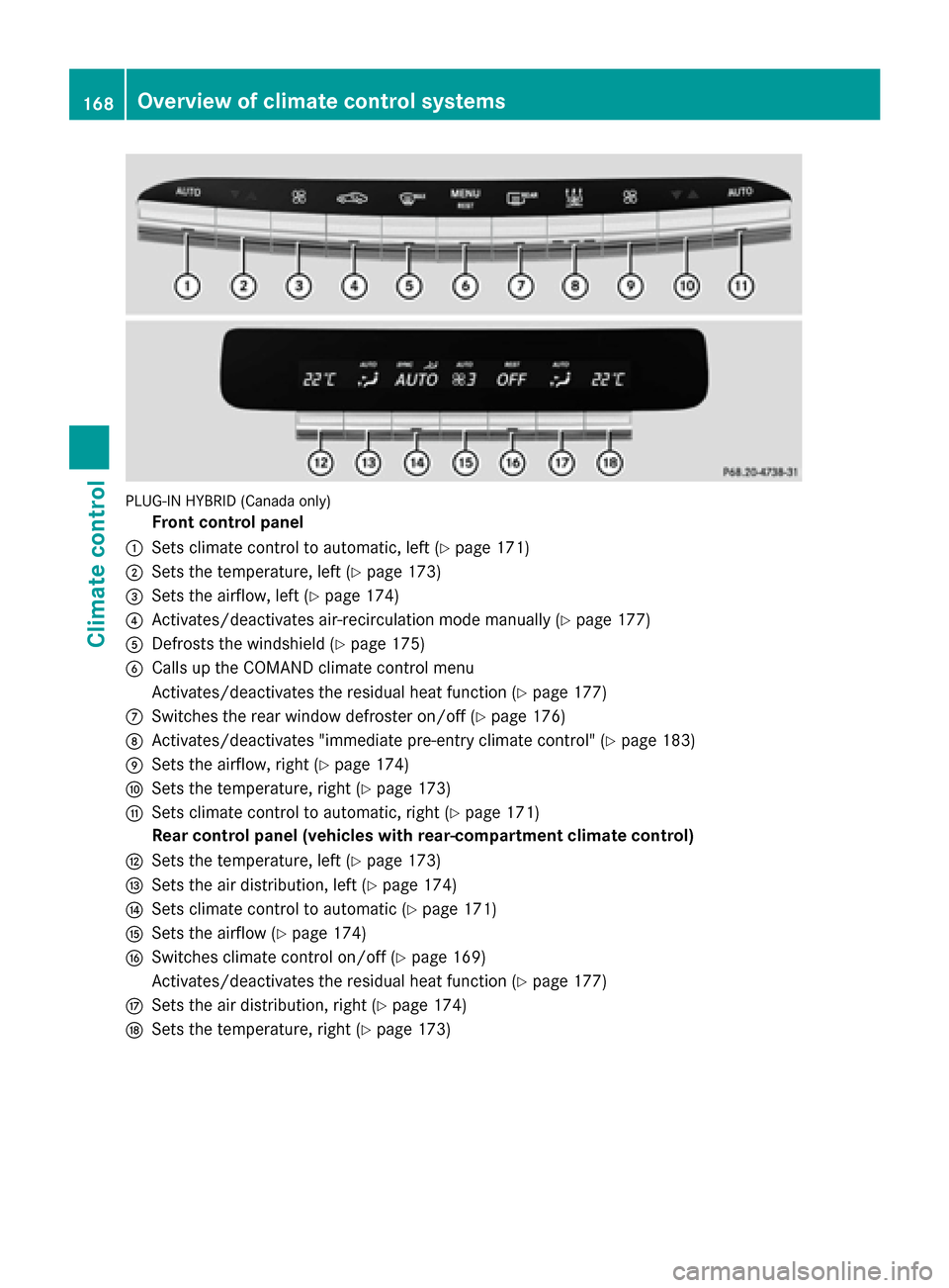 MERCEDES-BENZ S-Class 2015 W222 Owners Manual PLUG-IN HYBRID (Canada only)
Front control panel
: Sets climate control to automatic, left (Y page 171)
; Sets the temperature, left (Y page 173)
= Sets the airflow, left (Y page 174)
? Activates/deac