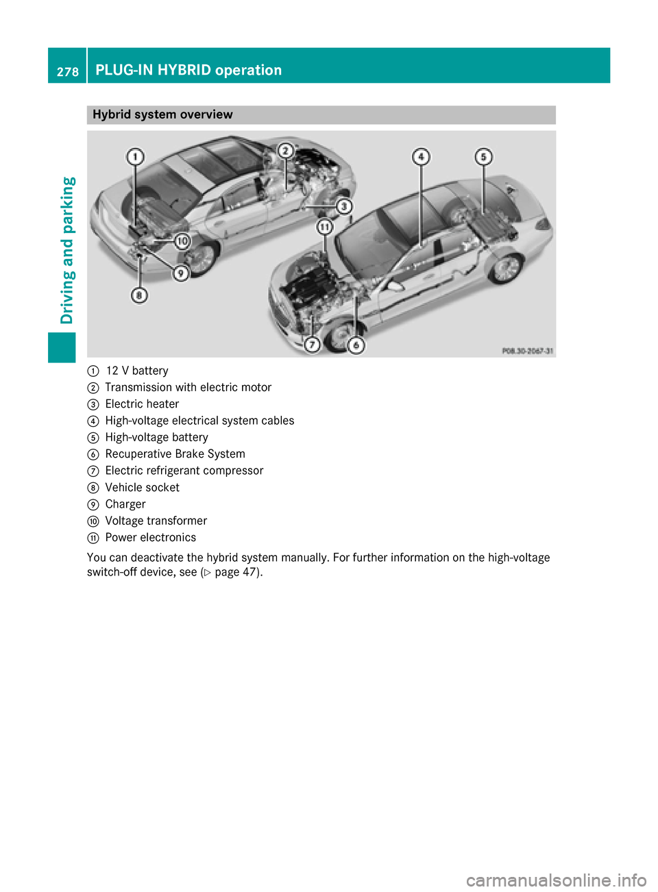 MERCEDES-BENZ S-Class 2015 W222 Owners Manual Hybrid system overview
:
12 V battery
; Transmission with electric motor
= Electric heater
? High-voltage electrical system cables
A High-voltage battery
B Recuperative Brake System
C Electric refrige