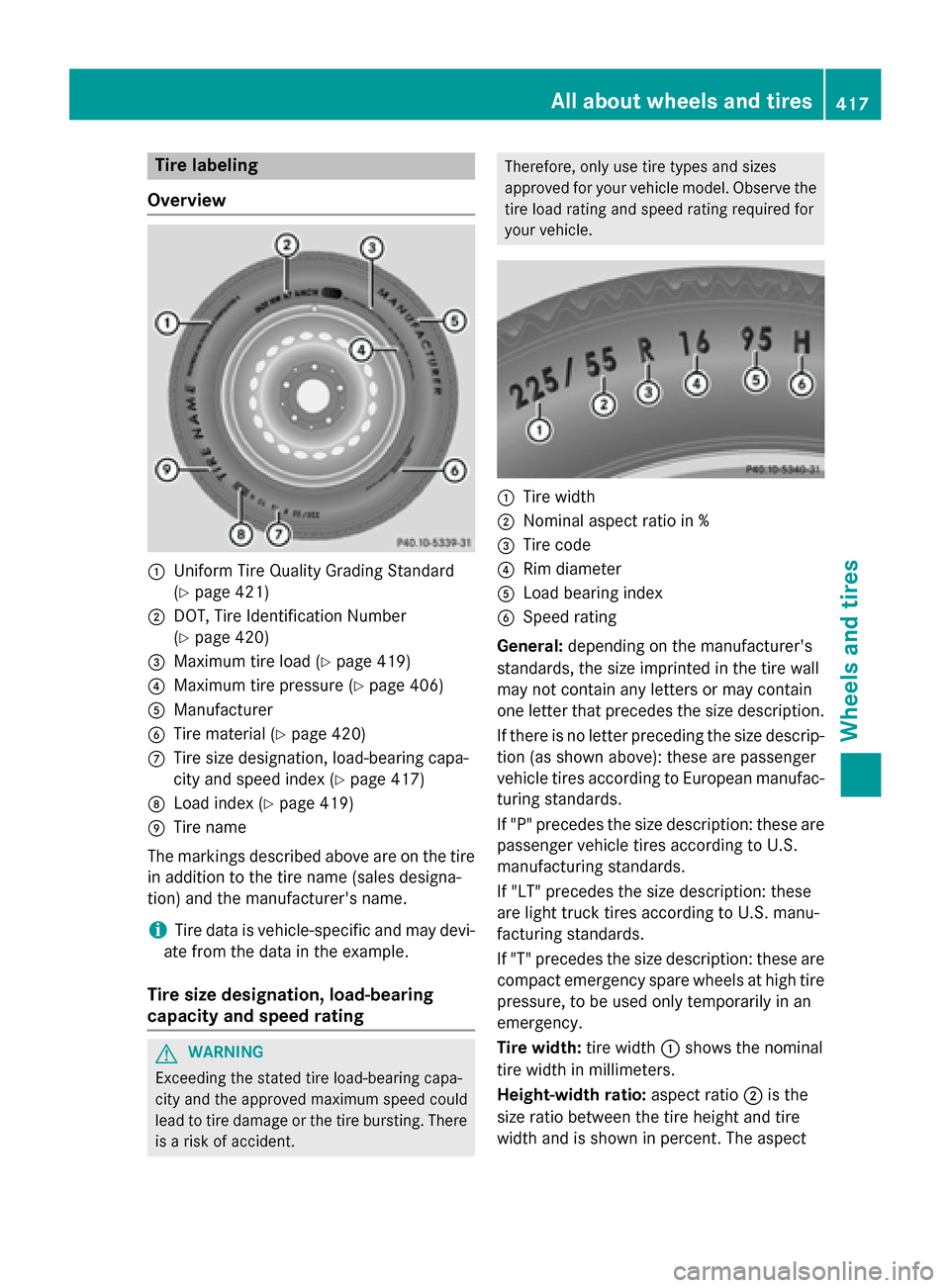 MERCEDES-BENZ M-Class 2015 W166 Owners Manual Tire labeling
Overview 0043
Uniform Tire Quality Grading Standard
(Ypage 421)
0044 DOT, Tire Identification Number
(Ypage 420)
0087 Maximum tire load (Y page 419)
0085 Maximum tire pressure (Y page 40