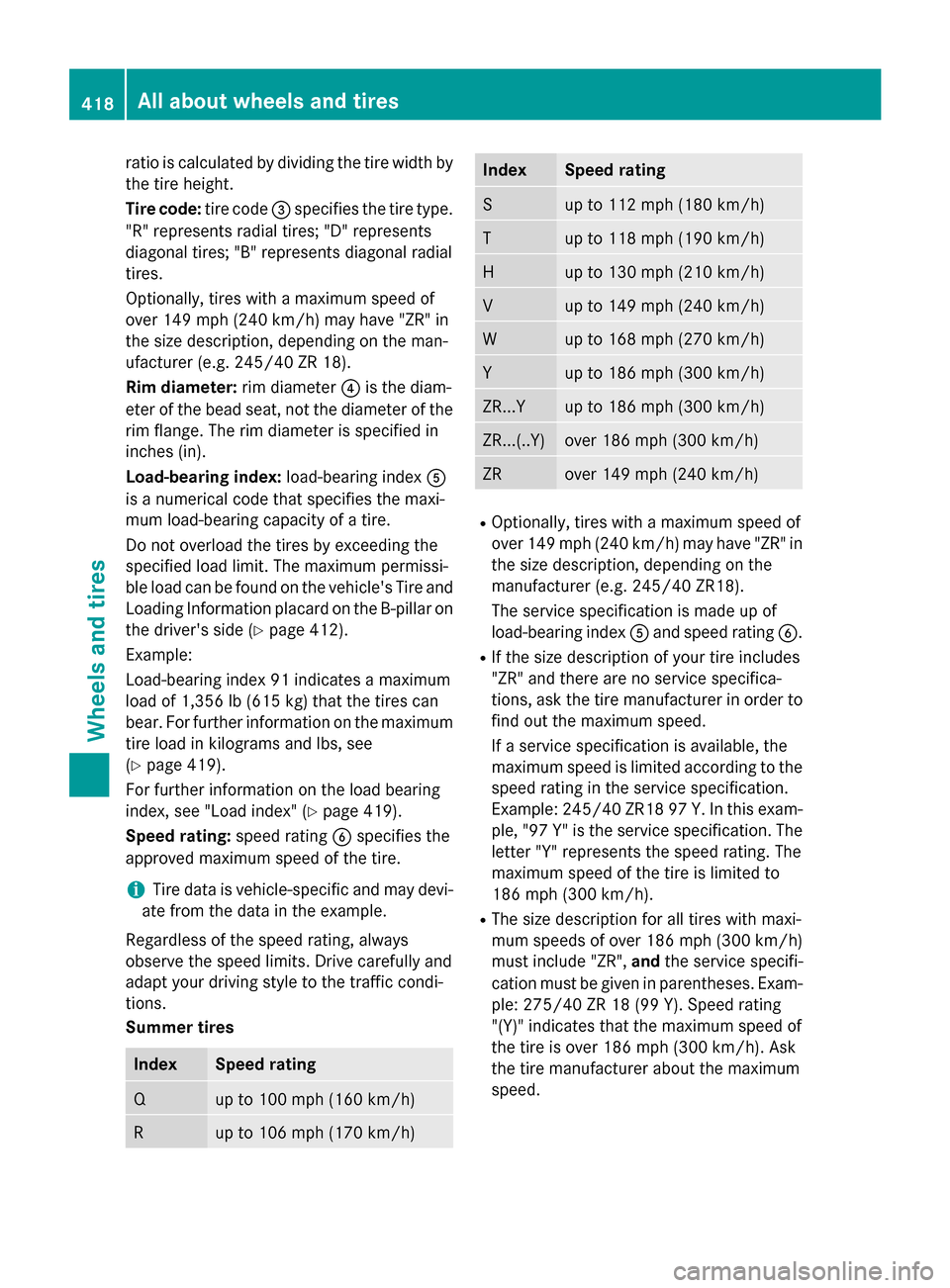MERCEDES-BENZ M-Class 2015 W166 Owners Manual ratio is calculated by dividing the tire width by
the tire height.
Tire code: tire code0087specifies the tire type.
"R" represents radial tires; "D" represents
diagonal tires; "B" represents diagonal 
