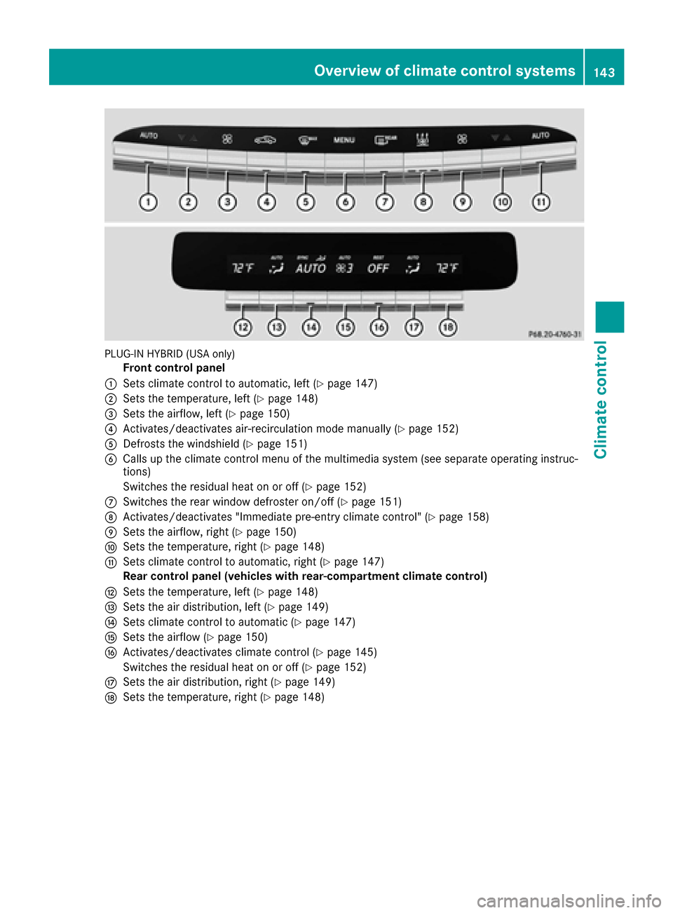 MERCEDES-BENZ S-Class SEDAN 2016 W222 Owners Manual PLUG-IN HYBRID (USA only)
Front control panel
:Sets climate control to automatic, left (Ypage 147)
;Sets the temperature, left (Ypage 148)
=Sets the airflow, left (Ypage 150)
?Activates/deactivates ai