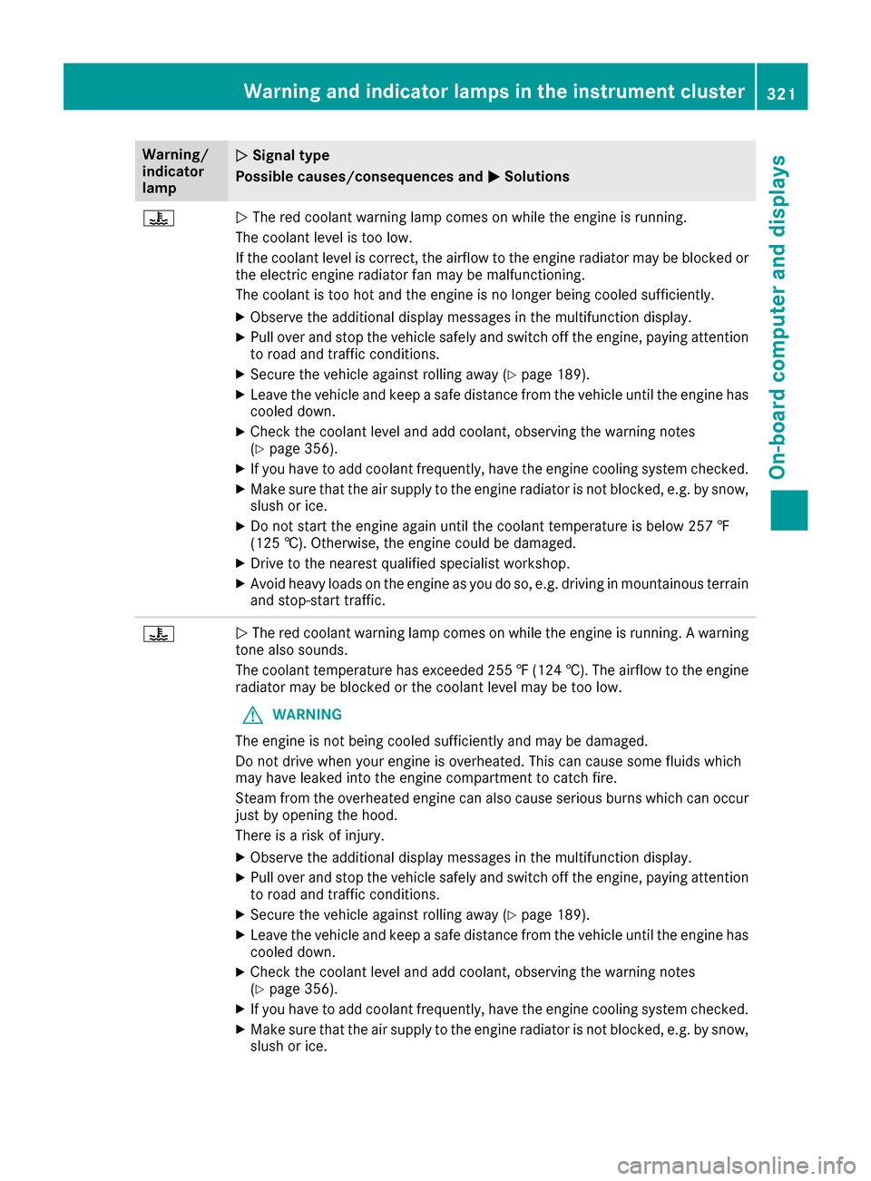 MERCEDES-BENZ S-Class SEDAN 2016 W222 Owners Manual Warning/
indicator
lampNSignal type
Possible causes/consequences and M
Solutions
?NThe red coolant warning lamp comes on while the engine is running.
The coolant level is too low.
If the coolant level