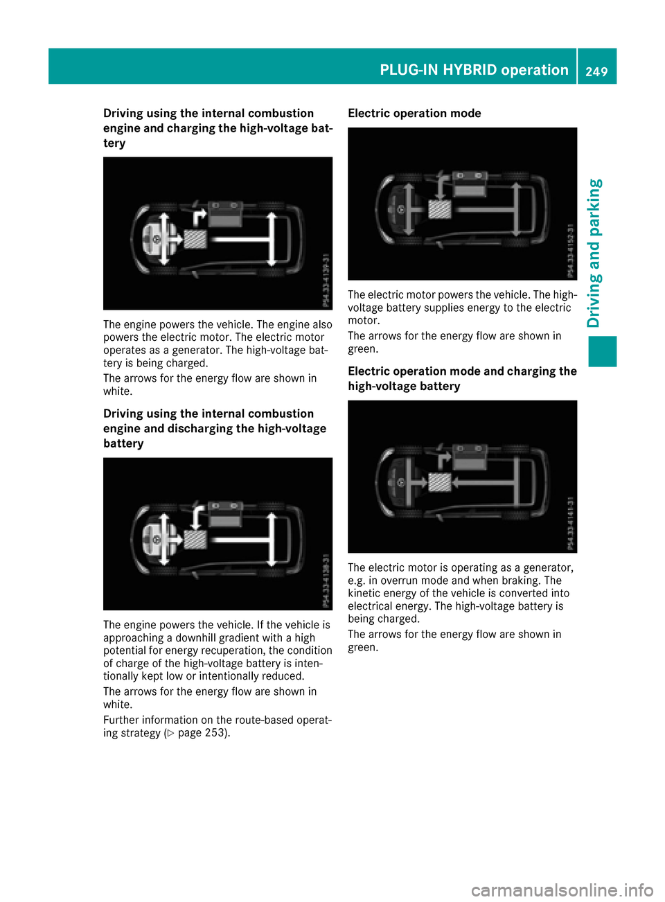 MERCEDES-BENZ GLE-Class 2016 W218 Owners Manual Driving using theinternal combustion
engin eand charging th ehigh-voltage bat -
tery
The engin epowers th evehicle. The engin ealso
powers th eelectric motor. The electric motor
operates as agenerator MERCEDES-BENZ GLE-Class 2016 W218 Owners Manual Driving using theinternal combustion
engin eand charging th ehigh-voltage bat -
tery
The engin epowers th evehicle. The engin ealso
powers th eelectric motor. The electric motor
operates as agenerator