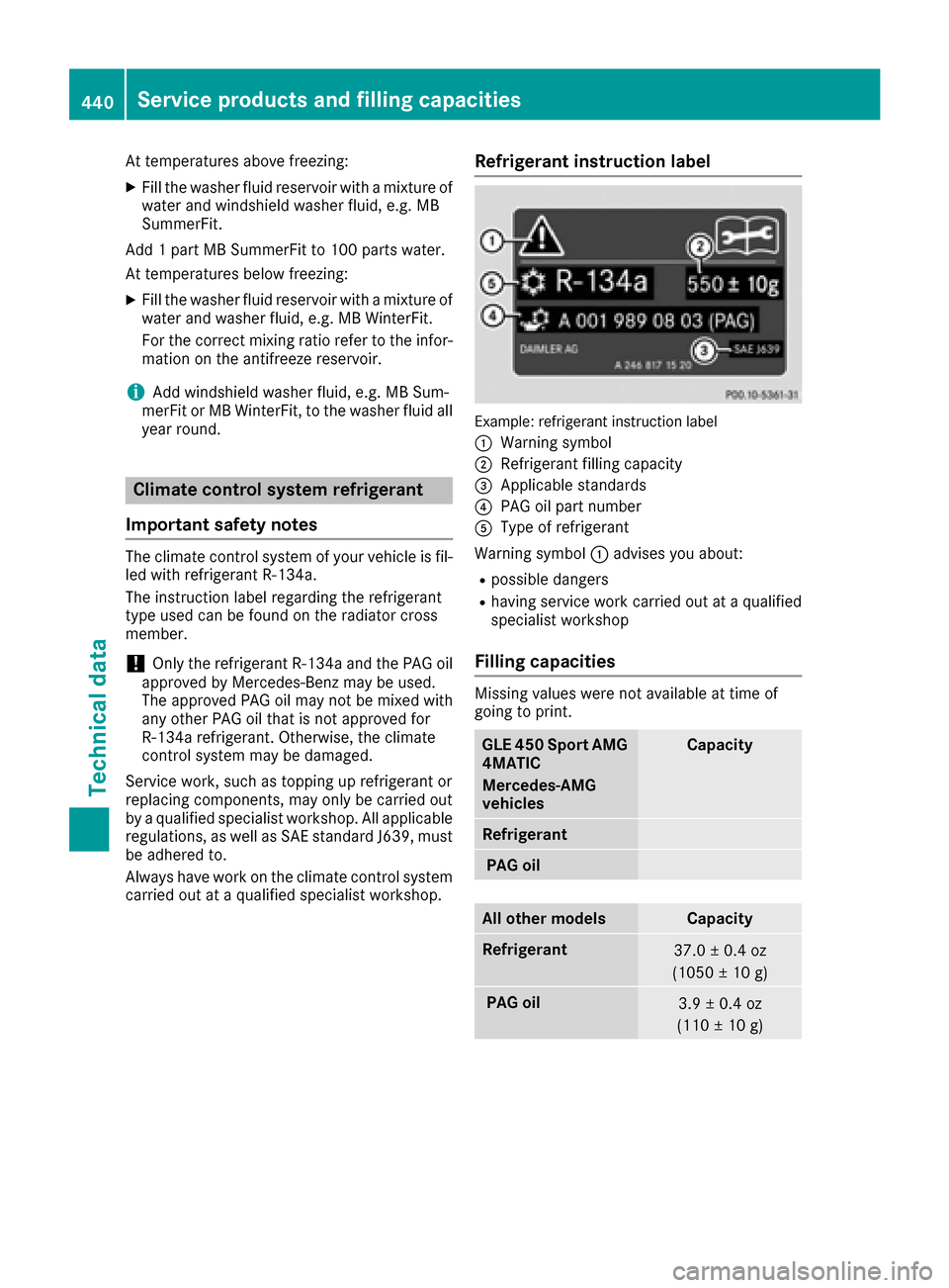 MERCEDES-BENZ GLE-Class 2016 W218 Owners Manual At temperatures above freezing:
XFill the washer fluid reservoir with a mixture of
water and windshield washer fluid, e.g. MB
SummerFit.
Add 1 part MB SummerFit to 100 parts water.
At temperatures bel