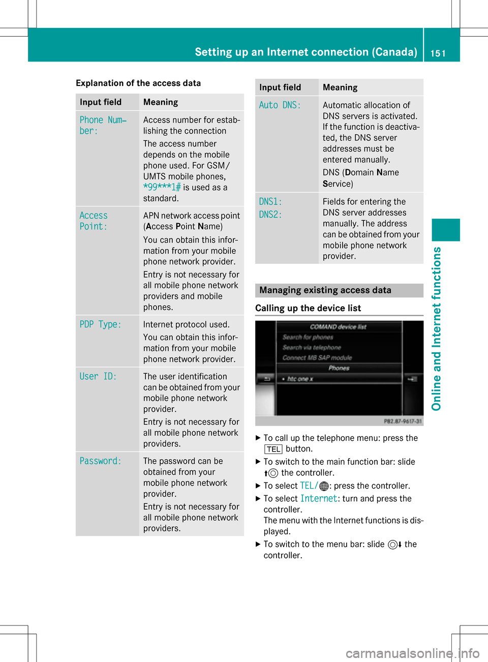 MERCEDES-BENZ CLS-Class 2016 W218 Comand Manual Explanation of the access data
Input fieldMeaning
Phone Num‐
ber:
Access number for estab-
lishing the connection
The access number
depends on the mobile
phone used. For GSM/
UMTS mobile phones,
*99 MERCEDES-BENZ CLS-Class 2016 W218 Comand Manual Explanation of the access data
Input fieldMeaning
Phone Num‐
ber:
Access number for estab-
lishing the connection
The access number
depends on the mobile
phone used. For GSM/
UMTS mobile phones,
*99