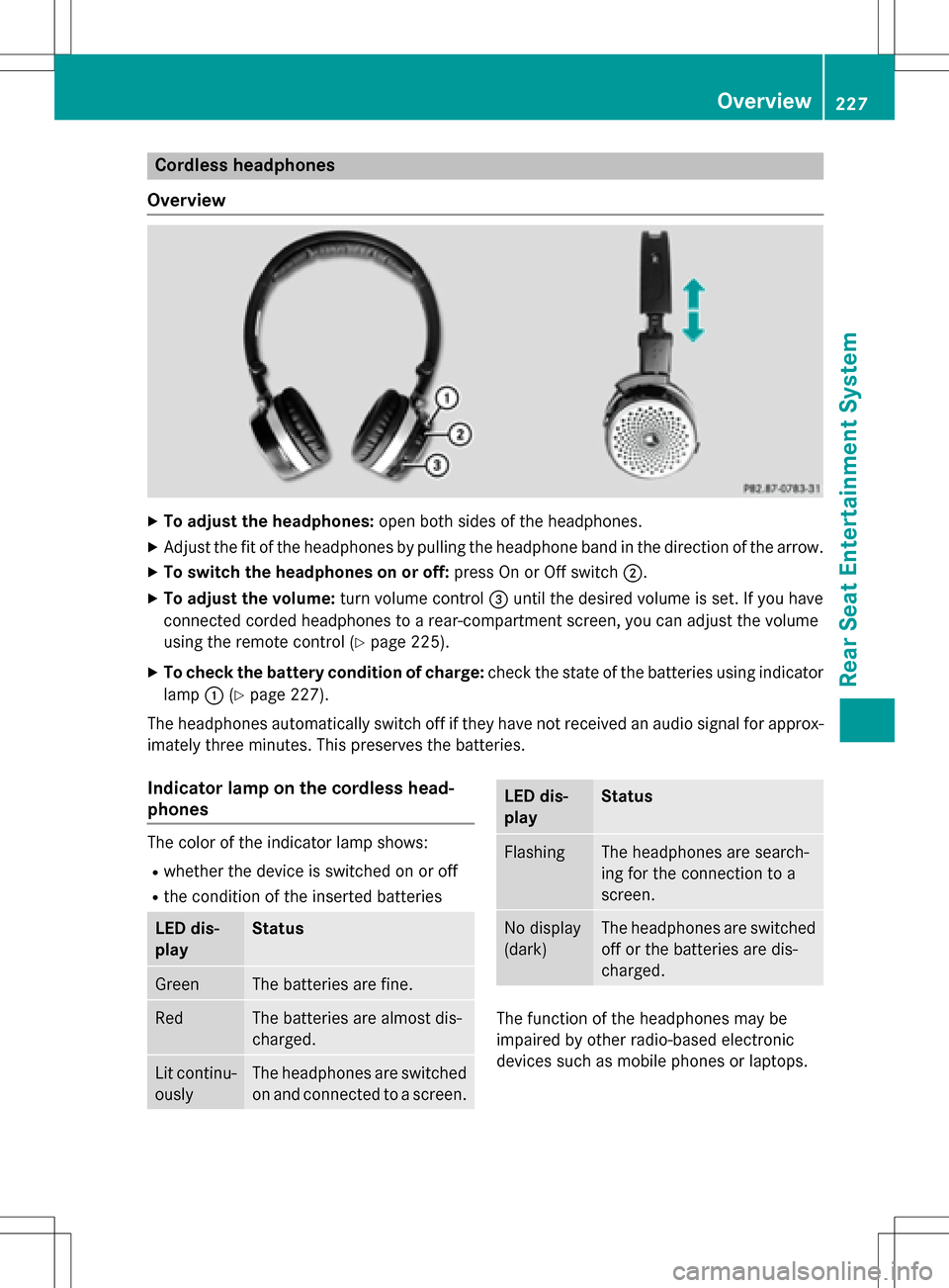 MERCEDES-BENZ CLS-Class 2016 W218 Comand Manual Cordless headphones
Overview
XTo adjust the headphones: open both sides of the headphones.
XAdjust the fit of the headphones by pulling the headphone band in the direction of the arrow.
XTo switch the