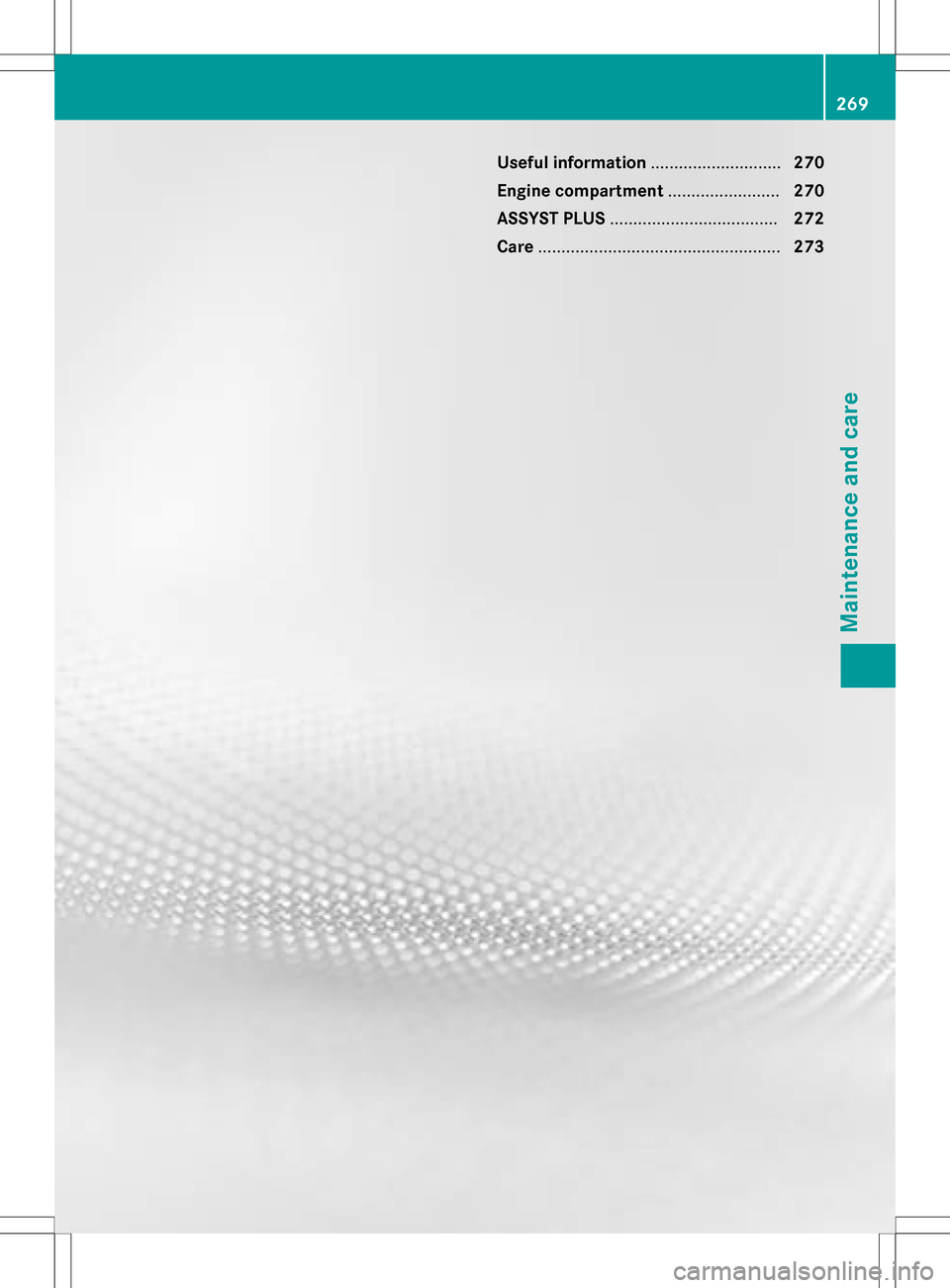 MERCEDES-BENZ B-Class ELECTRIC 2016 W246 Owners Manual Useful information............................270
Engine compartment ........................270
ASSYST PLUS .................................... 272
Care .............................................