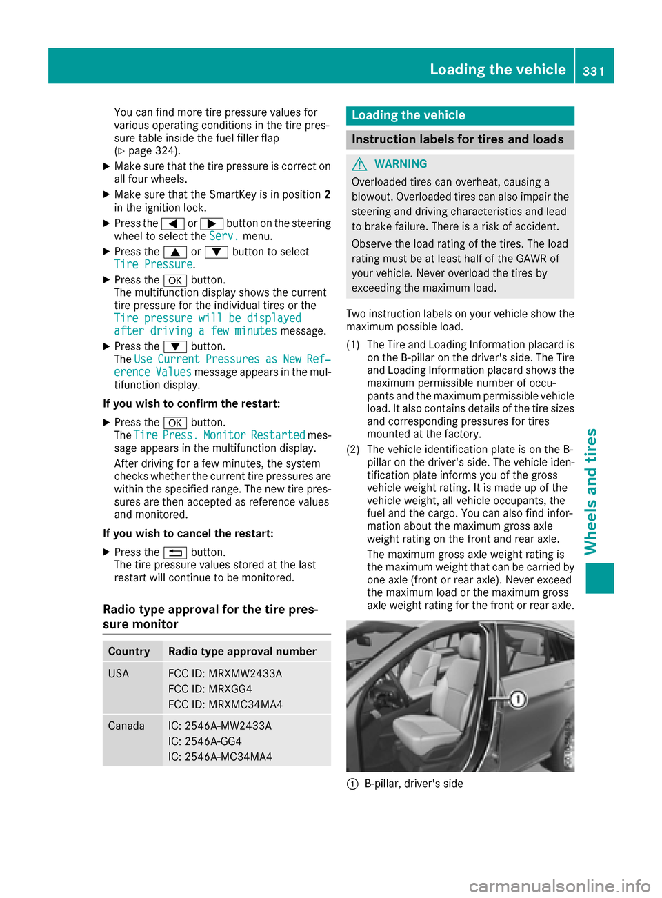 MERCEDES-BENZ GLE43AMG SUV 2017 C292 Owners Manual You can find more tire pressure values for
various operating conditions in the tire pres-
sure table inside the fuel filler flap
(
Ypage 324).
XMake sure that the tire pressure is correct on
all four 