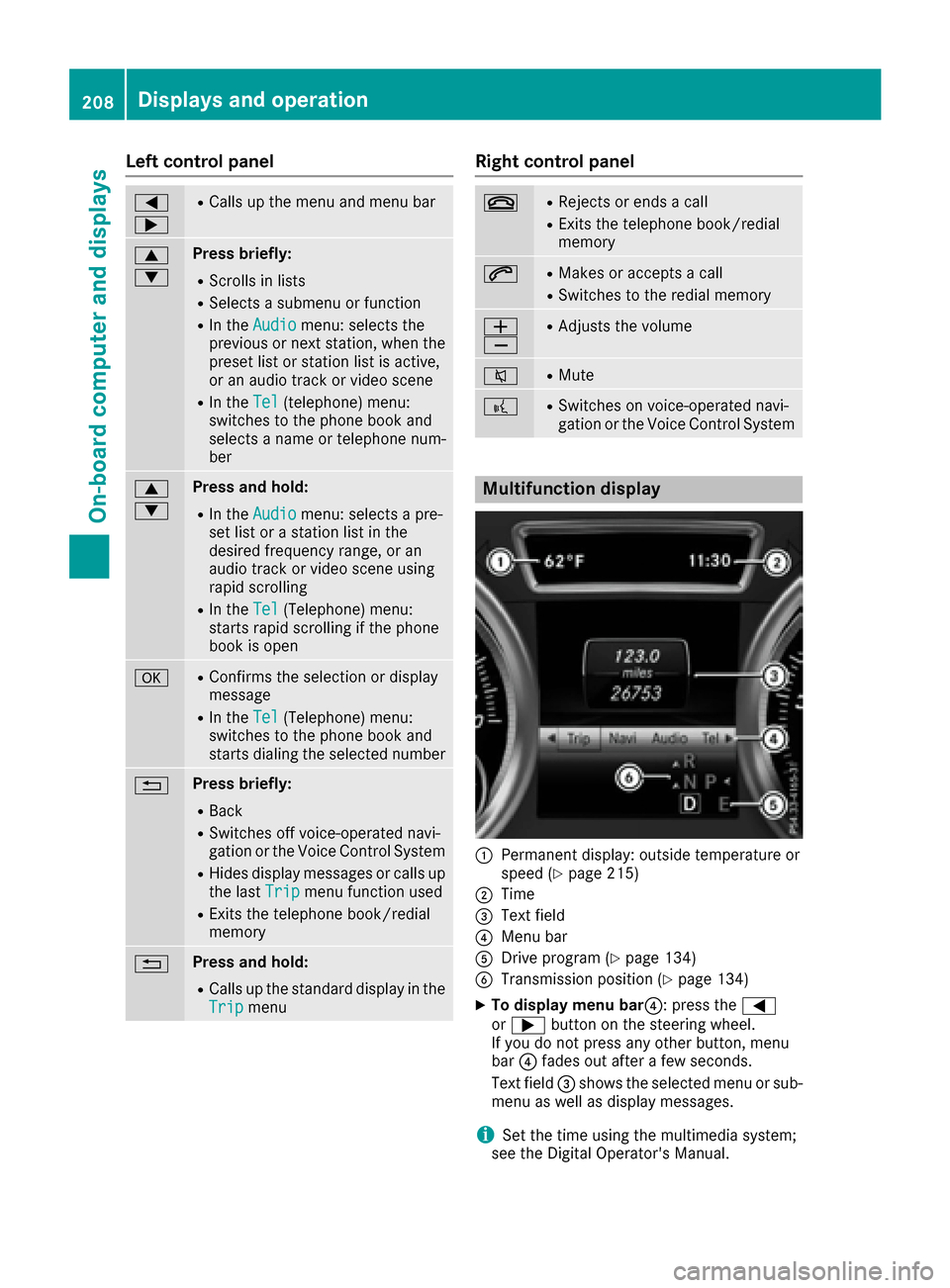 MERCEDES-BENZ GLE COUPE 2017 C292 Owners Manual Left control panel
=
;RCalls up the menu and menu bar
9
:Press briefly:
RScrolls in lists
RSelects a submenu or function
RIn theAudiomenu: selects the
previous or next station, when the
preset list or MERCEDES-BENZ GLE COUPE 2017 C292 Owners Manual Left control panel
=
;RCalls up the menu and menu bar
9
:Press briefly:
RScrolls in lists
RSelects a submenu or function
RIn theAudiomenu: selects the
previous or next station, when the
preset list or