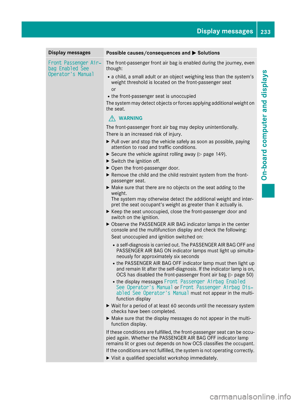 MERCEDES-BENZ GLC COUPE 2017 X253 Owners Manual Display messagesPossible causes/consequences andMSolutions
FrontPassengerAir‐bag Enable dSeeOperator sManual
The front-passenger fron tair bag is enabled during th ejourney, eve n
though :
Rachild, MERCEDES-BENZ GLC COUPE 2017 X253 Owners Manual Display messagesPossible causes/consequences andMSolutions
FrontPassengerAir‐bag Enable dSeeOperator sManual
The front-passenger fron tair bag is enabled during th ejourney, eve n
though :
Rachild,