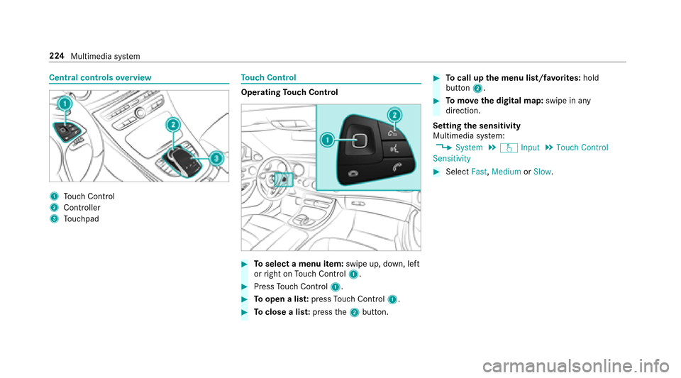 MERCEDES-BENZ E43AMG 2017 W213 Owners Manual Central controlsoverview
1To uch Control
2Controller
3Touchpad
To uch Control
Operating Touch Control
#To select a menu item: swipe up, down, left
or right on Touch Control 1.
#PressTouch Control 1.
#