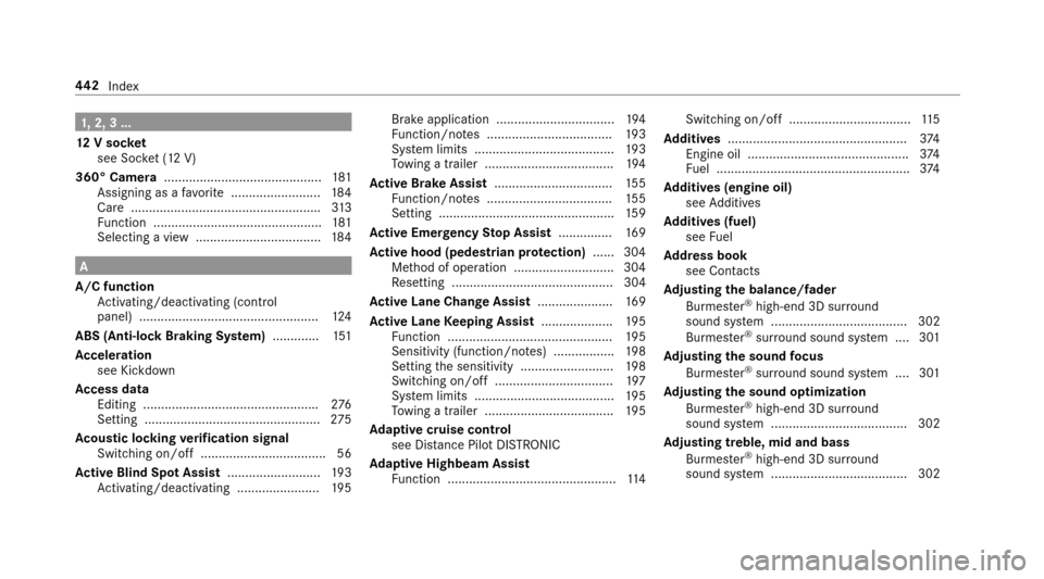 MERCEDES-BENZ E43AMG 2017 W213 Owners Manual 1,2, 3 ...
12 V sock et
see Soc ket (12 V)
360° Camera ............................................ 181
Assigning as a favo rite ......................... 184
Care ................................... MERCEDES-BENZ E43AMG 2017 W213 Owners Manual 1,2, 3 ...
12 V sock et
see Soc ket (12 V)
360° Camera ............................................ 181
Assigning as a favo rite ......................... 184
Care ...................................