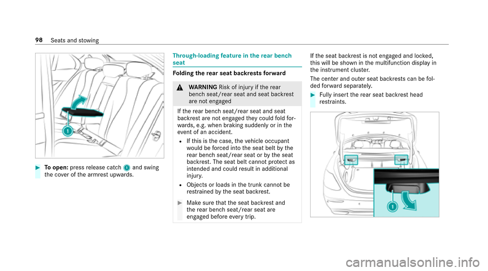 MERCEDES-BENZ E43AMG 2017 W213 Owners Manual #Toopen: pressrelease cat ch1 and swing
th e co ver of the armrest upwards.
Through-loading feature in there ar ben ch
seat
Fo lding there ar seat backrests forw ard
&
WARNING Risk of injury ifth ere MERCEDES-BENZ E43AMG 2017 W213 Owners Manual #Toopen: pressrelease cat ch1 and swing
th e co ver of the armrest upwards.
Through-loading feature in there ar ben ch
seat
Fo lding there ar seat backrests forw ard
&
WARNING Risk of injury ifth ere