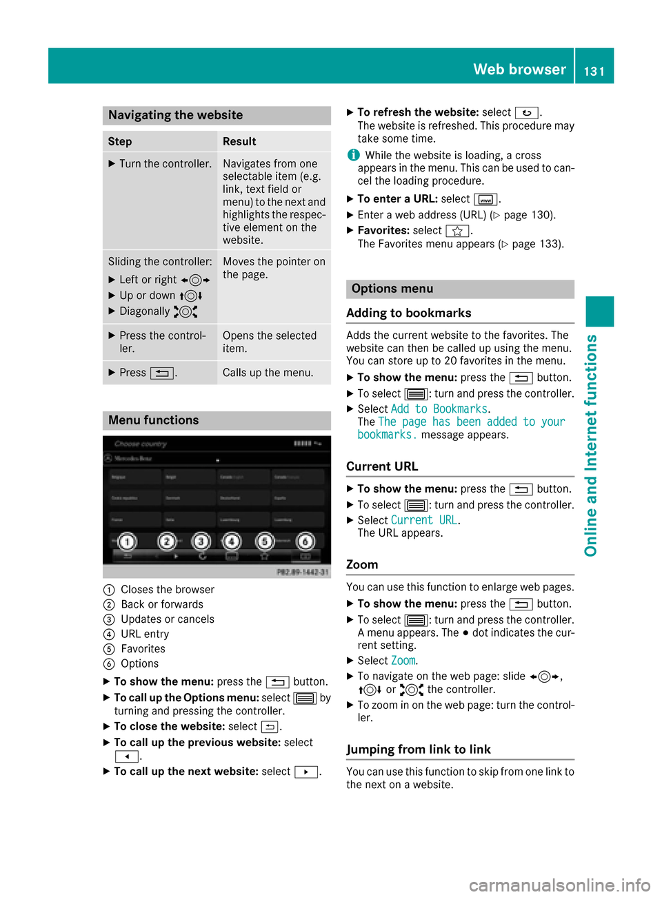 MERCEDES-BENZ SL-Class 2017 R131 Comand Manual Navigating the website
StepResult
XTurn the controller.Navigates from one
selectable item (e.g.
link, text field or
menu) to the next and
highlights the respec-
tive element on the
website.
Sliding th