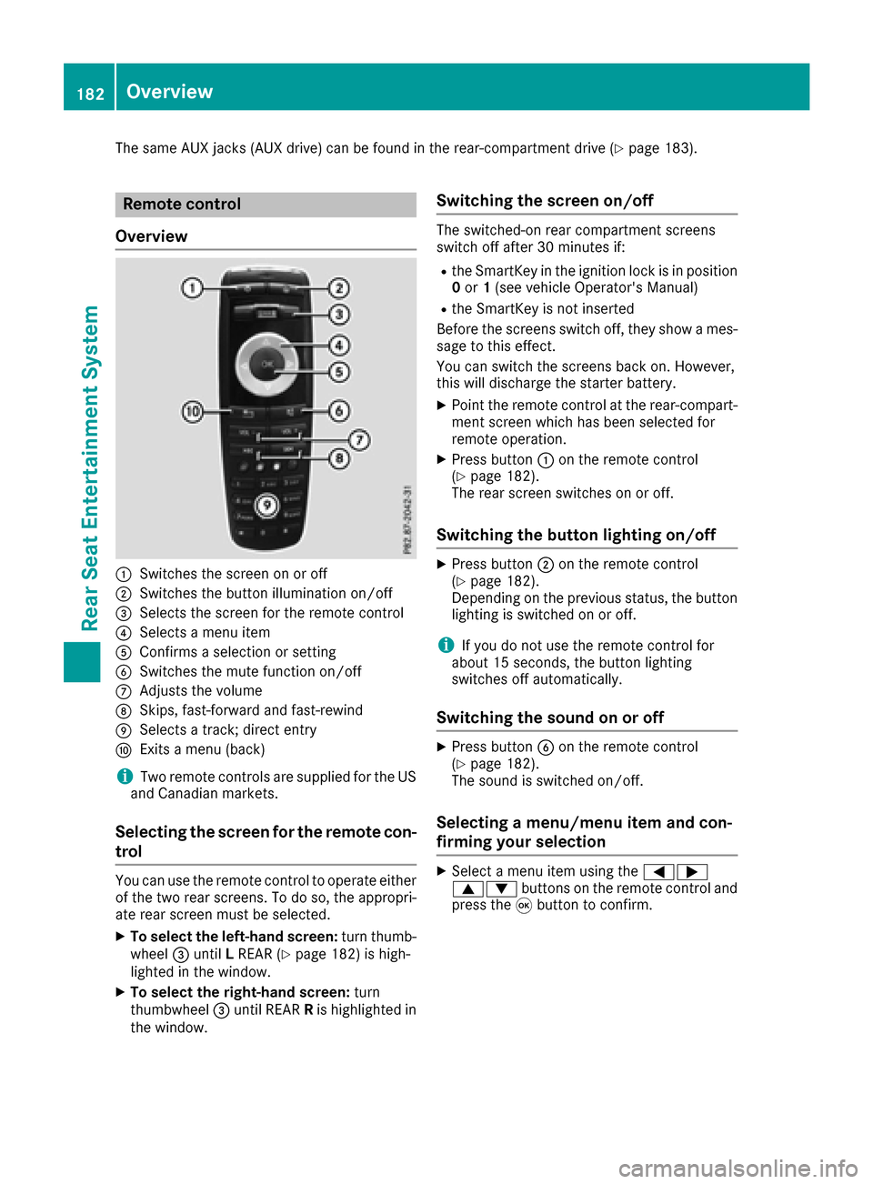 MERCEDES-BENZ GLE-Class 2017 C292 Comand Manual The same AUX jacks (AUX drive) can be found in the rear-compartment drive (Ypage 183).
Remote control
Overview
:Switches the screen on or off
;Switches the button illumination on/off
=Selects the scre