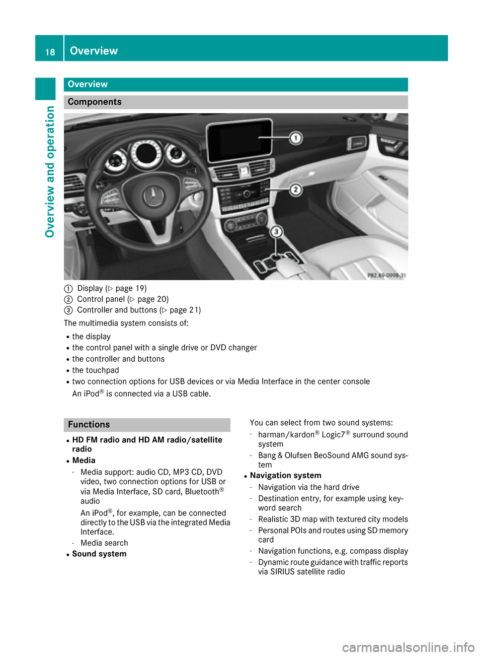 MERCEDES-BENZ GLE-Class 2017 C292 Comand Manual Overview
Components
:Display (Ypage 19)
;Control panel (Ypage 20)
=Controller and buttons (Ypage 21)
The multimedia system consists of:
Rthe display
Rthe control panel with a single drive or DVD chang