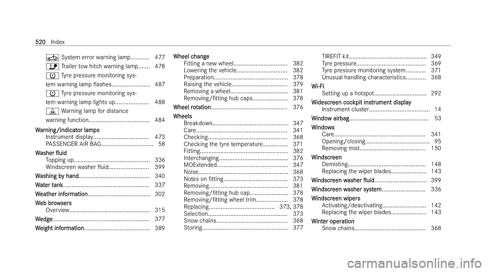 MERCEDES-BENZ A-CLASS SALOON 2022  Owners Manual �Ú� �S�y�s�t�e�m� �e�r�r�o�r� �w�a�r�n�i�n�g� �l�a�m�p�.�.�.�.�.�.�.�.�.�.�. �4�7�7
�ï� �T�r�a�i�l�e�r� �t�o�w� �h�i�t�c�h� �w�a�r�n�i�n�g� �l�a�m�p�.�.�.�.�.�.�. �4�7�8
�w� �T�y�r�e� �p�r�e�s�s�u�r
