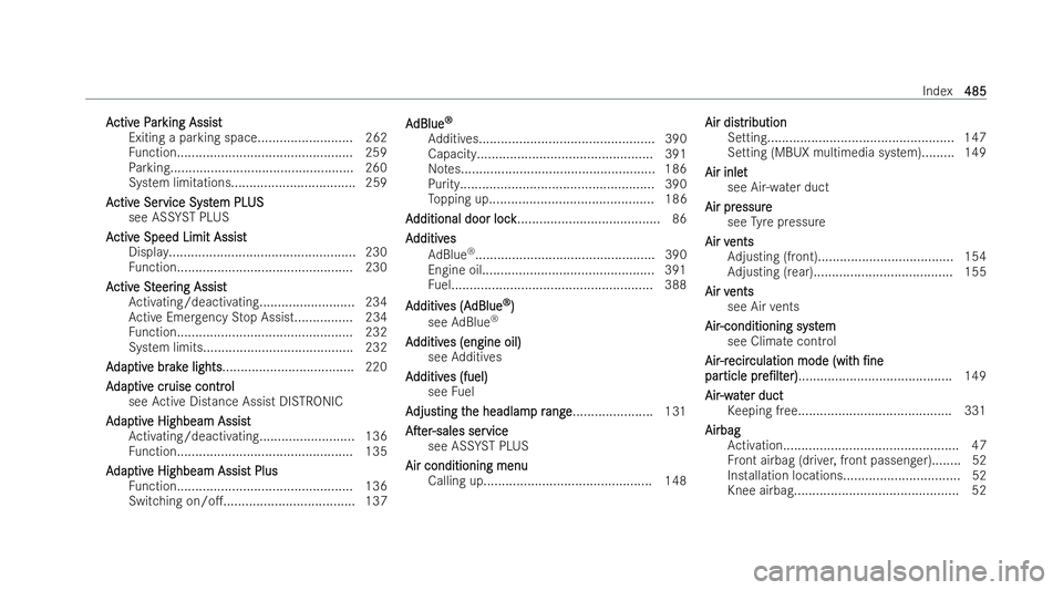 MERCEDES-BENZ A-CLASS SALOON 2021  Owners Manual A
A
ctiv
ctiv e P
e P ar
ar king Assist
king Assist
Exiting a parking space.......................... 262
Fu nction................................................ 259
Pa rking........................