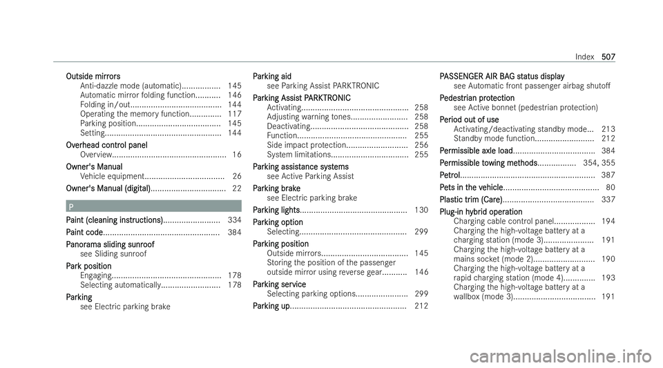 MERCEDES-BENZ A-CLASS SALOON 2021  Owners Manual Outside mirr
Outside mirr
ors
ors
Anti-dazzle mode (automatic)................ .145
Au tomatic mir rorfo lding function........... 146
Fo lding in/out........................................ 144
Opera