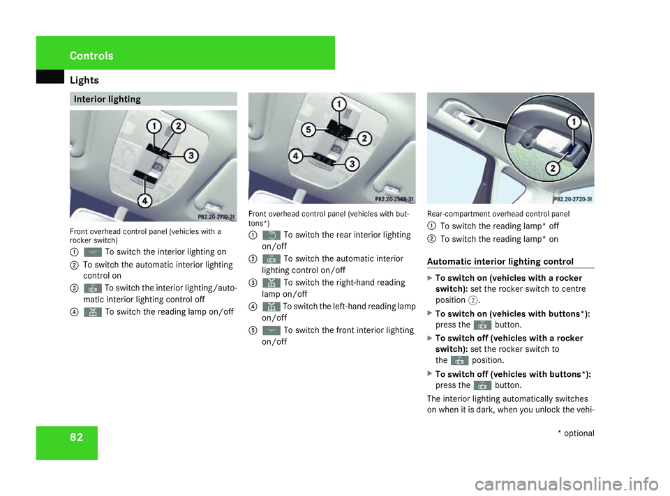 MERCEDES-BENZ A-CLASS HATCHBACK 2008 Owners Manual Lights
82 Interior lighting
Front overhead control panel (vehicles with a
rocker switch)
1 ð To switch the interior lighting on
2 To switch the automatic interior lighting
control on
3 ¥ To switch t MERCEDES-BENZ A-CLASS HATCHBACK 2008 Owners Manual Lights
82 Interior lighting
Front overhead control panel (vehicles with a
rocker switch)
1 ð To switch the interior lighting on
2 To switch the automatic interior lighting
control on
3 ¥ To switch t